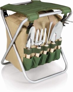 ONIVA - a Picnic Time brand Gardener Folding Seat with Tools, Garden Stool with Detachable Storage Tote Bag, Portable Chair Seat with Garden Tools Set Organizer, Olive Green with Beige Accents