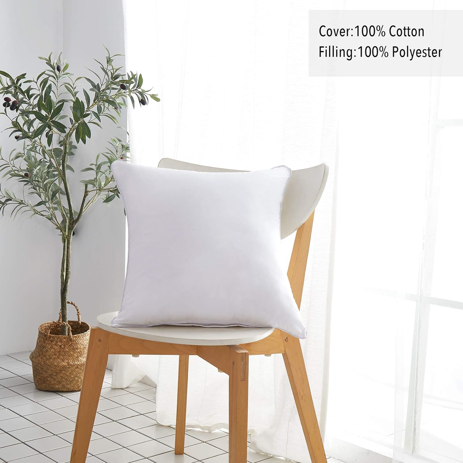 Oubonun 22 x 22 Throw Pillow Inserts (Set of 2) with 100% Cotton Cover - 22 Inch Square Interior Sofa Decorative Pillow Insert Pair - White Couch Pillow3