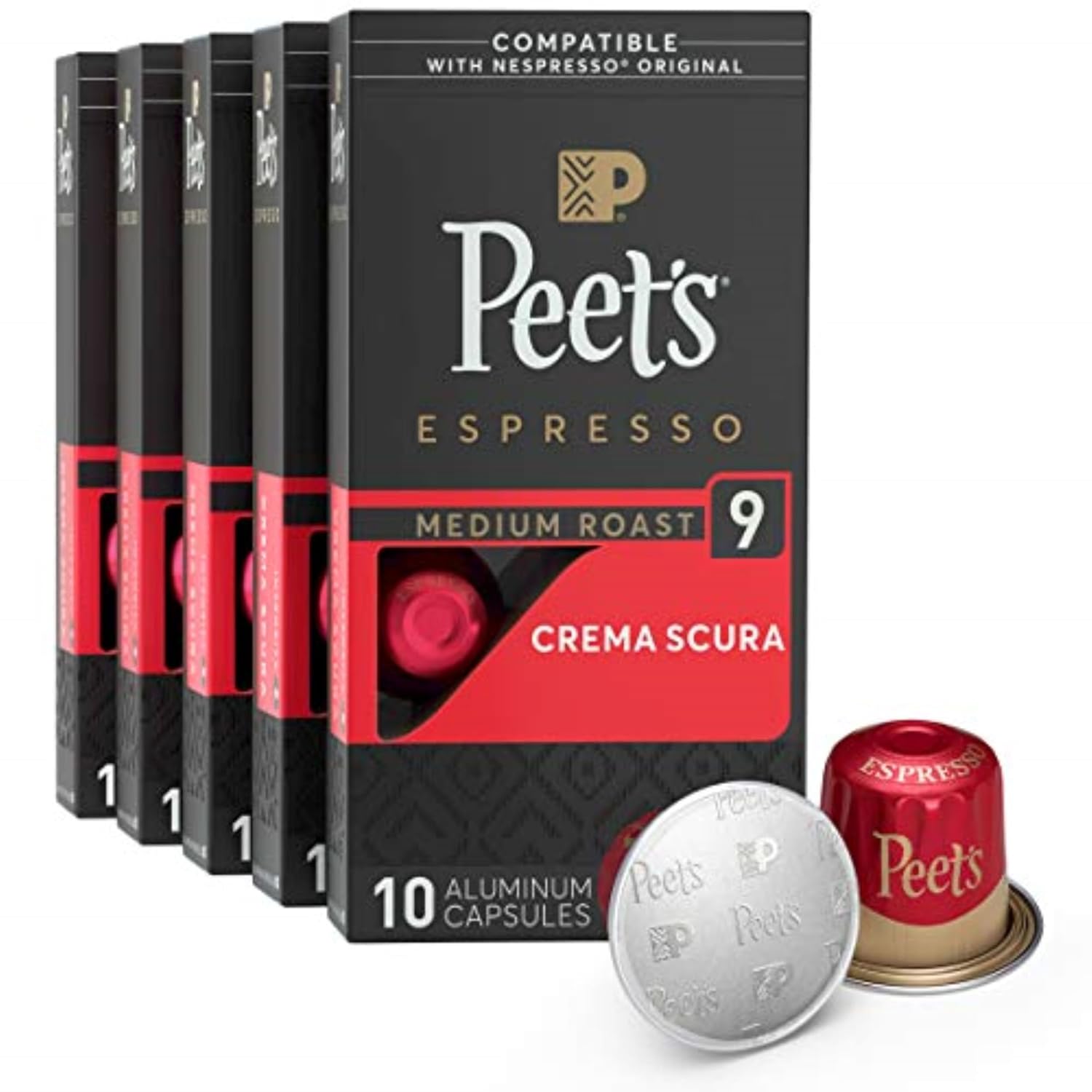 Peet's Coffee, Medium Roast Espresso Pods, Crema Scura Intensity 9, 50 Count (5 Boxes of 10 Espresso Capsules) Peet's Coffee, Medium Roast Espresso Pods, Crema Scura Intensity 9, 50 Count (5 Boxes of 10 Espresso Capsules)
