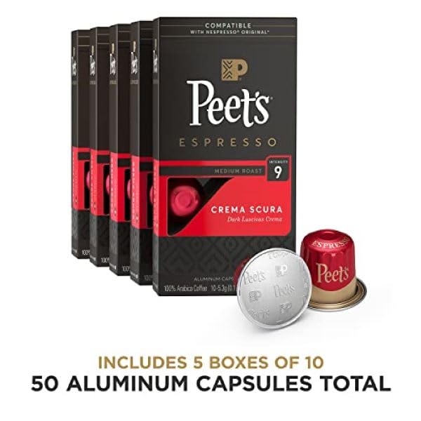 Peet's Coffee, Medium Roast Espresso Pods, Crema Scura Intensity 9, 50 Count (5 Boxes of 10 Espresso Capsules)1