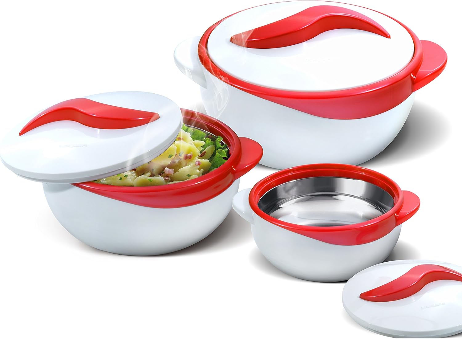 Pinnacle Insulated Casserole Dish with Lid 3 pc. Set 2.6 1.5 1 qt. Hot Pot Food Warmer Cooler –Thermal Soup Salad Serving Bowl- Stainless Steel Hot Food Container–Best Gift Set for Moms –Holidays Red Pinnacle Insulated Casserole Dish with Lid 3 pc. Set 2.6/1.5/1 qt. Hot Pot Food Warmer/Cooler –Thermal Soup/Salad Serving Bowl- Stainless Steel Hot Food Container–Best Gift Set for Moms –Holidays Red