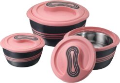Pinnacle Insulated Casserole Dish with Lid 3 pc. Set 2.6/2/1 qt. Hot Pot Food Warmer/Cooler –Thermal Soup/Salad Serving Bowl- Stainless Steel Hot Food Container–Best Gift Set for Moms –Holidays Pink