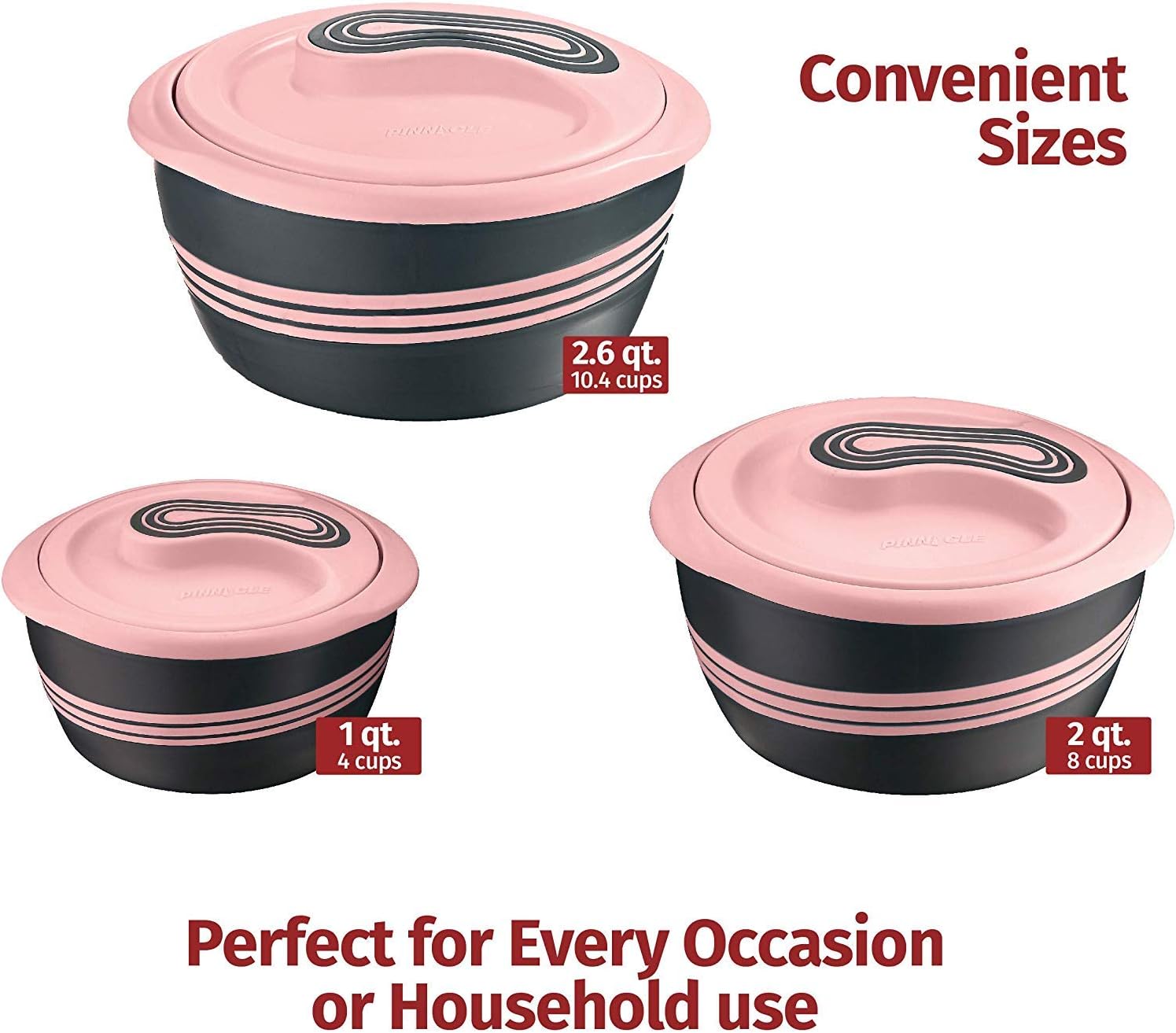 Pinnacle Insulated Casserole Dish with Lid 3 pc. Set 2.6 2 1 qt. Hot Pot Food Warmer Cooler –Thermal Soup Salad Serving Bowl- Stainless Steel Hot Food Container–Best Gift Set for Moms –Holidays Pink4