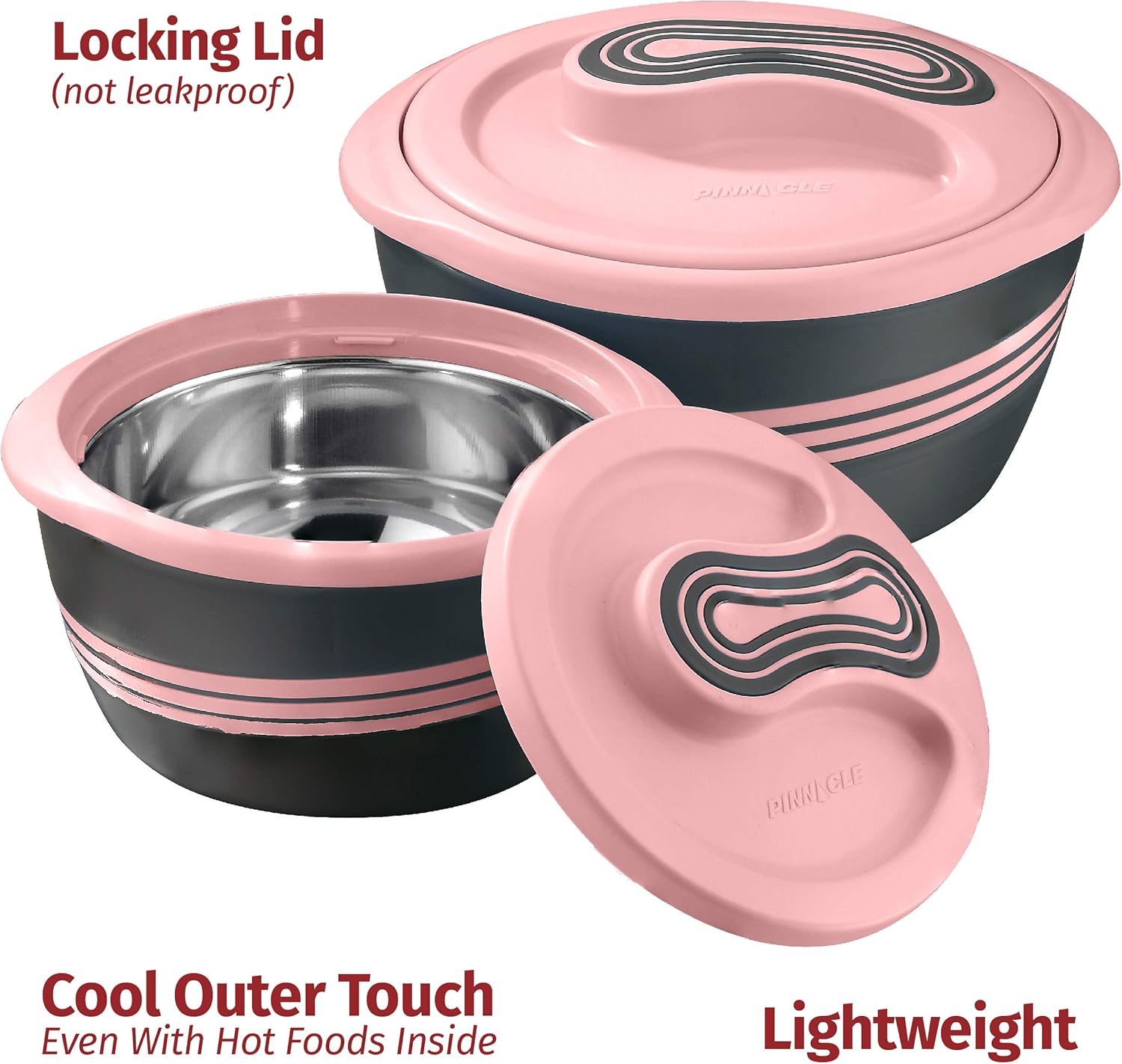 Pinnacle Insulated Casserole Dish with Lid 3 pc. Set 2.6 2 1 qt. Hot Pot Food Warmer Cooler –Thermal Soup Salad Serving Bowl- Stainless Steel Hot Food Container–Best Gift Set for Moms –Holidays Pink7