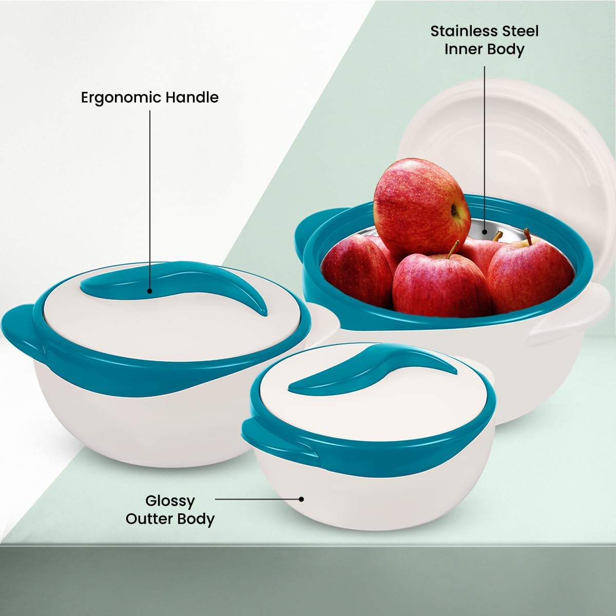 Pinnacle Serving Salad Soup Dish Bowl - Thermal Insulated Bowl with Lid -Great Bowl for Holiday, Dinner and Party ~ Set of 3 ~ Turquoise4