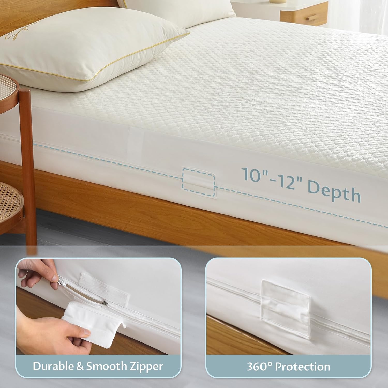 Queen Size Bamboo Rayon Mattress Protector with Zipper - 100% Waterproof Zippered Mattress Cover - Soft & Cooling Noiseless Bed Mattress Covers - Top Removable Mattress Encasement 10-12 Deep4
