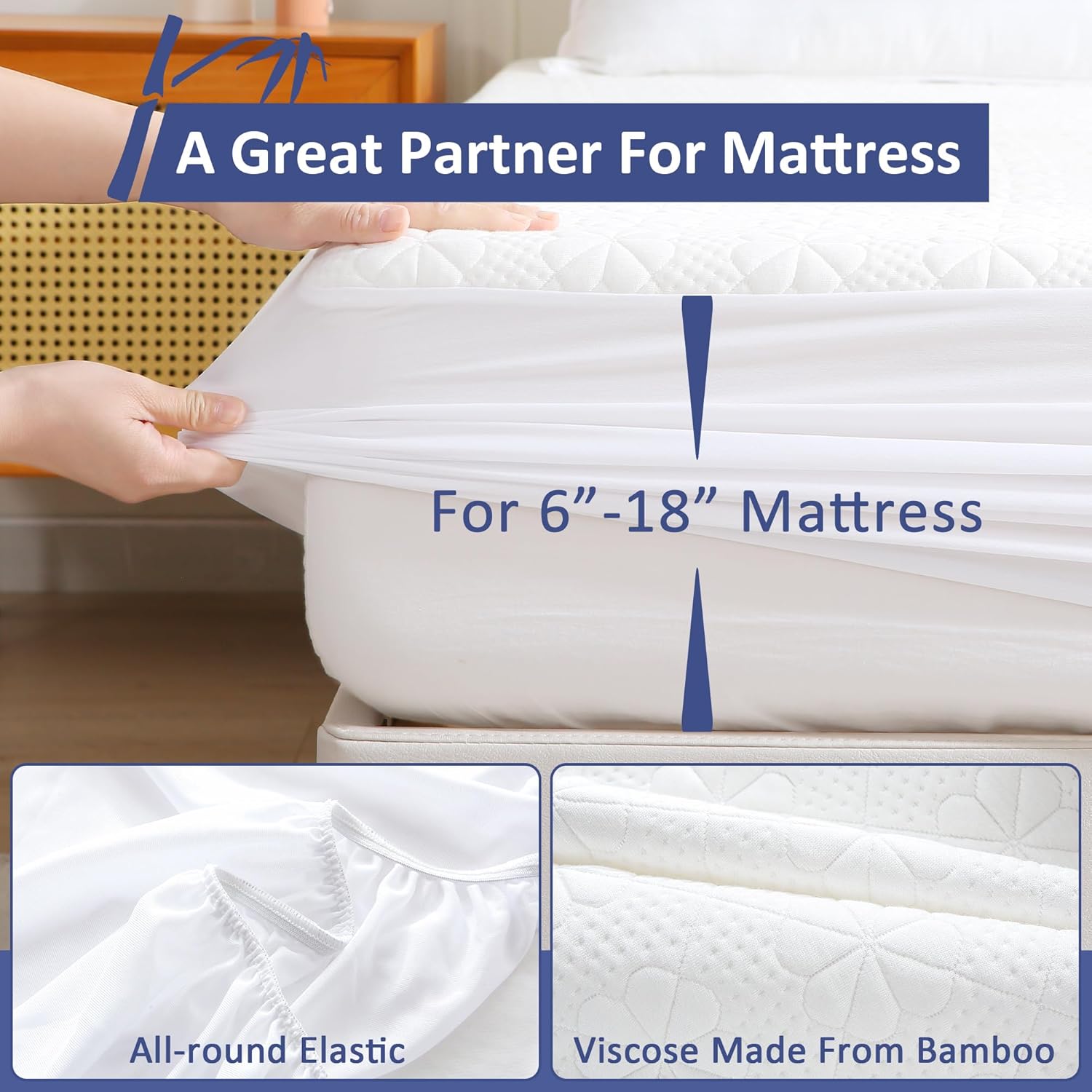 Queen Size Waterproof Mattress Protector, Cooling Bamboo Viscose Mattress Pad Cover for Queen Size Bed, Super Soft Queen Size Mattress Cover for 6-18 inches Mattress, White2