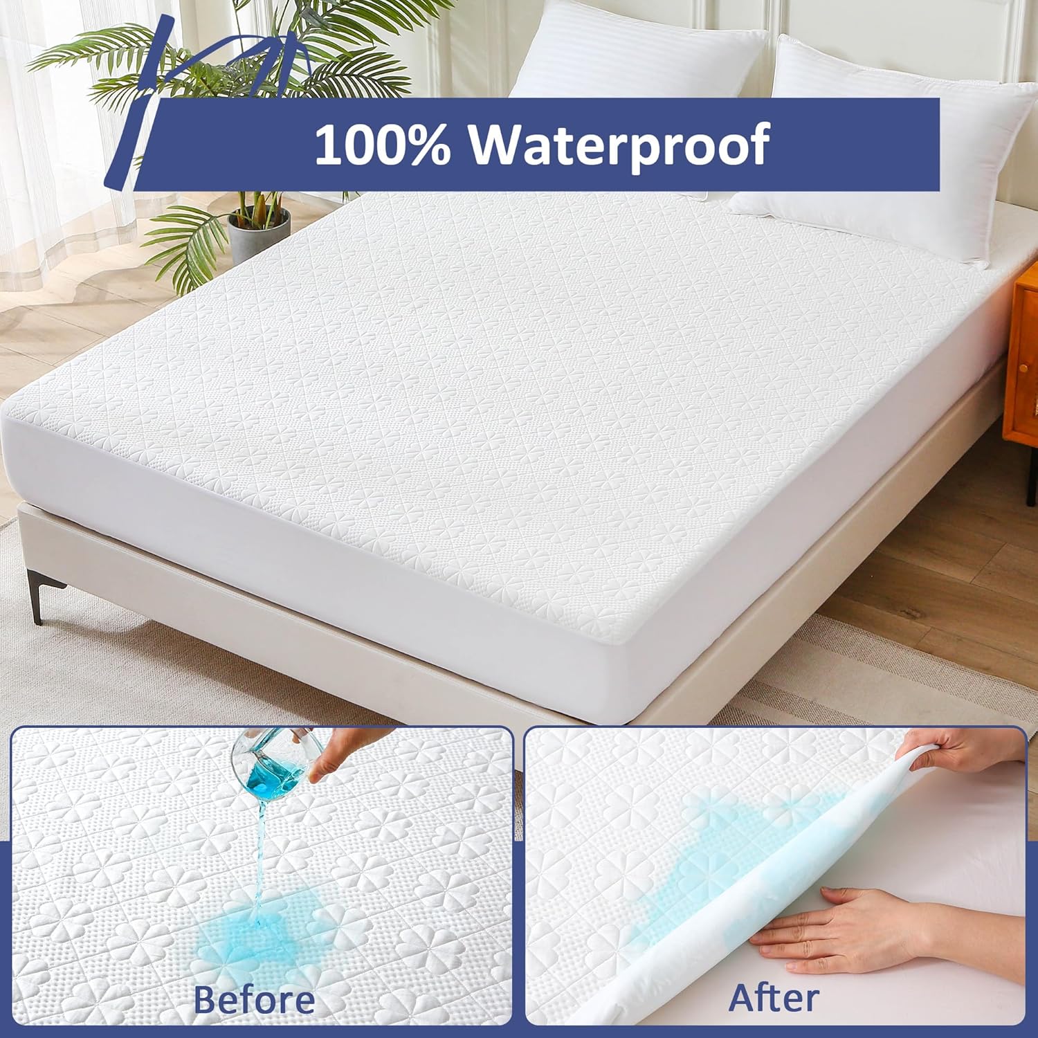 Queen Size Waterproof Mattress Protector, Cooling Bamboo Viscose Mattress Pad Cover for Queen Size Bed, Super Soft Queen Size Mattress Cover for 6-18 inches Mattress, White3