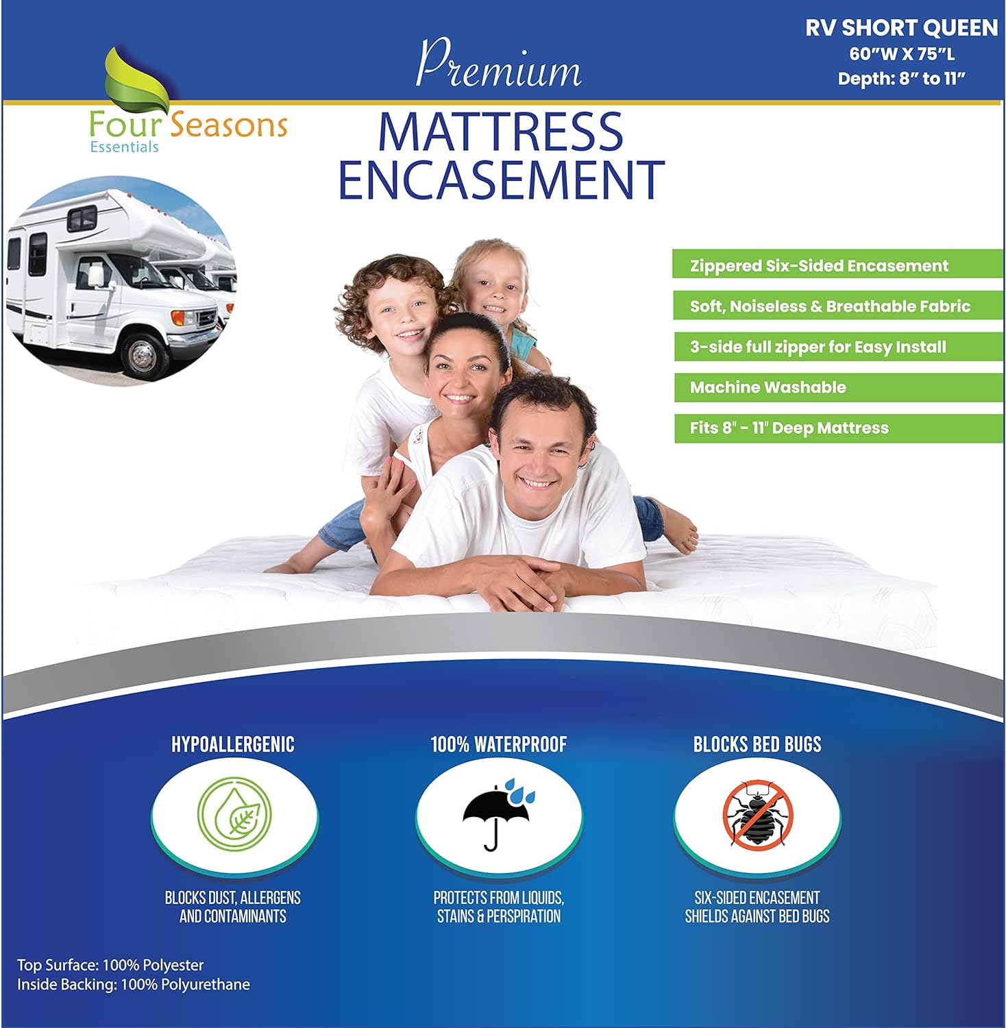 RV Short Queen Mattress Protector 60 W x 75 L (8 to 11 Depth) - Waterproof Zippered Encasement Premium Quality Hypoallergenic Bed Cover Protects Against Dust RV Short Queen Mattress Protector 60" W x 75”L (8” to 11” Depth) - Waterproof Zippered Encasement Premium Quality Hypoallergenic Bed Cover Protects Against Dust