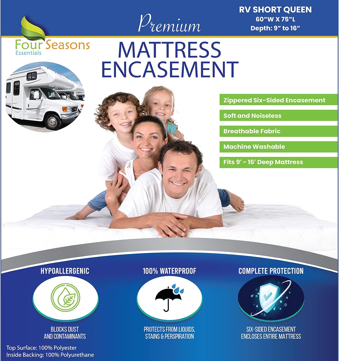 RV Short Queen Mattress Protector (60 Wx75 L) Waterproof Zippered Encasement Hypoallergenic Premium Bed Cover Protects Against Dust Allergies RV Short Queen Mattress Protector (60" Wx75 L) Waterproof Zippered Encasement Hypoallergenic Premium Bed Cover Protects Against Dust Allergies