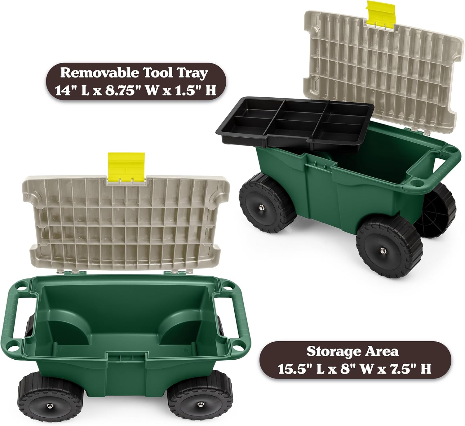 Rolling Garden Cart with Seat - Plastic Storage with Bench and Interior Tool Tray - Gardening Stool for Weeding and Planting By Pure Garden (Green)0