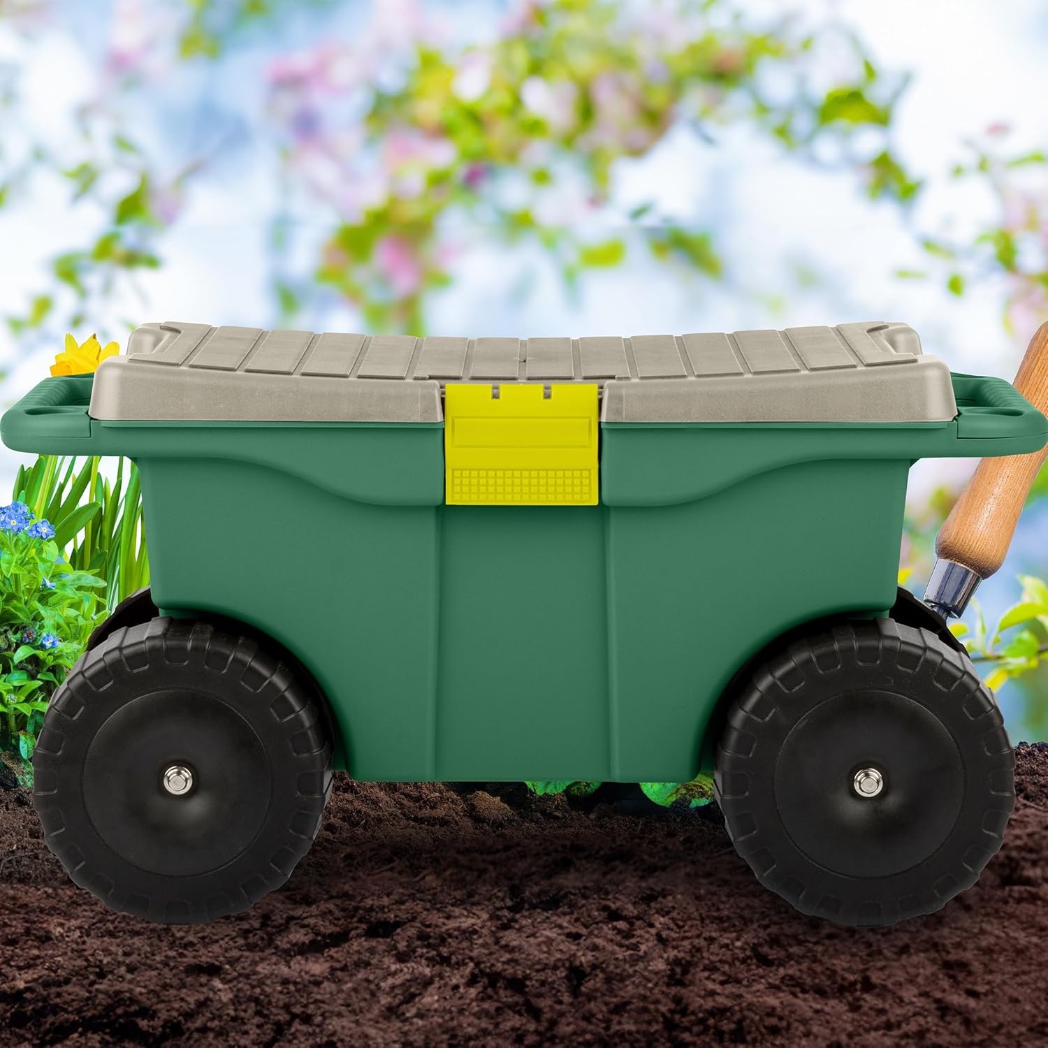 Rolling Garden Cart with Seat - Plastic Storage with Bench and Interior Tool Tray - Gardening Stool for Weeding and Planting By Pure Garden (Green)1
