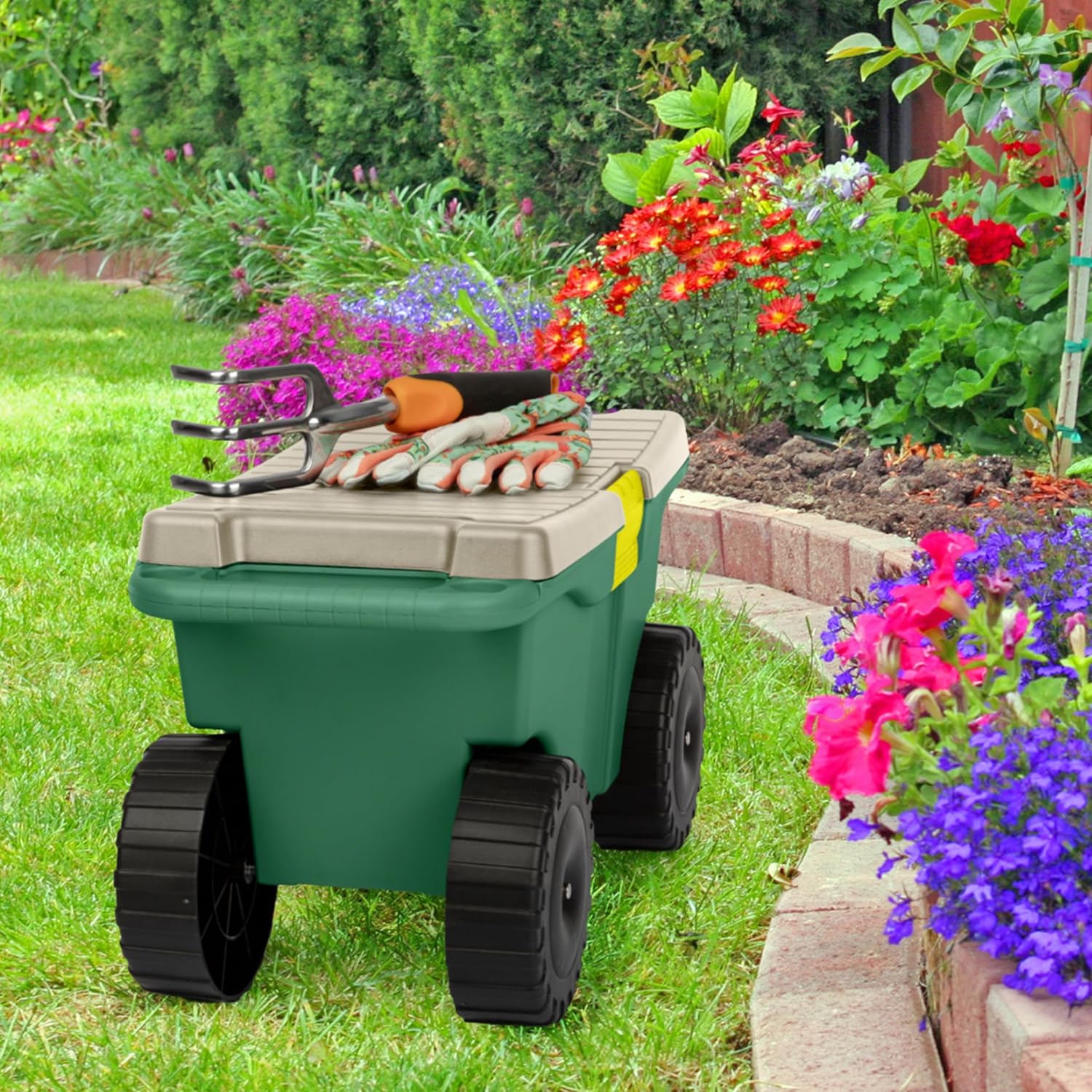 Rolling Garden Cart with Seat - Plastic Storage with Bench and Interior Tool Tray - Gardening Stool for Weeding and Planting By Pure Garden (Green)3