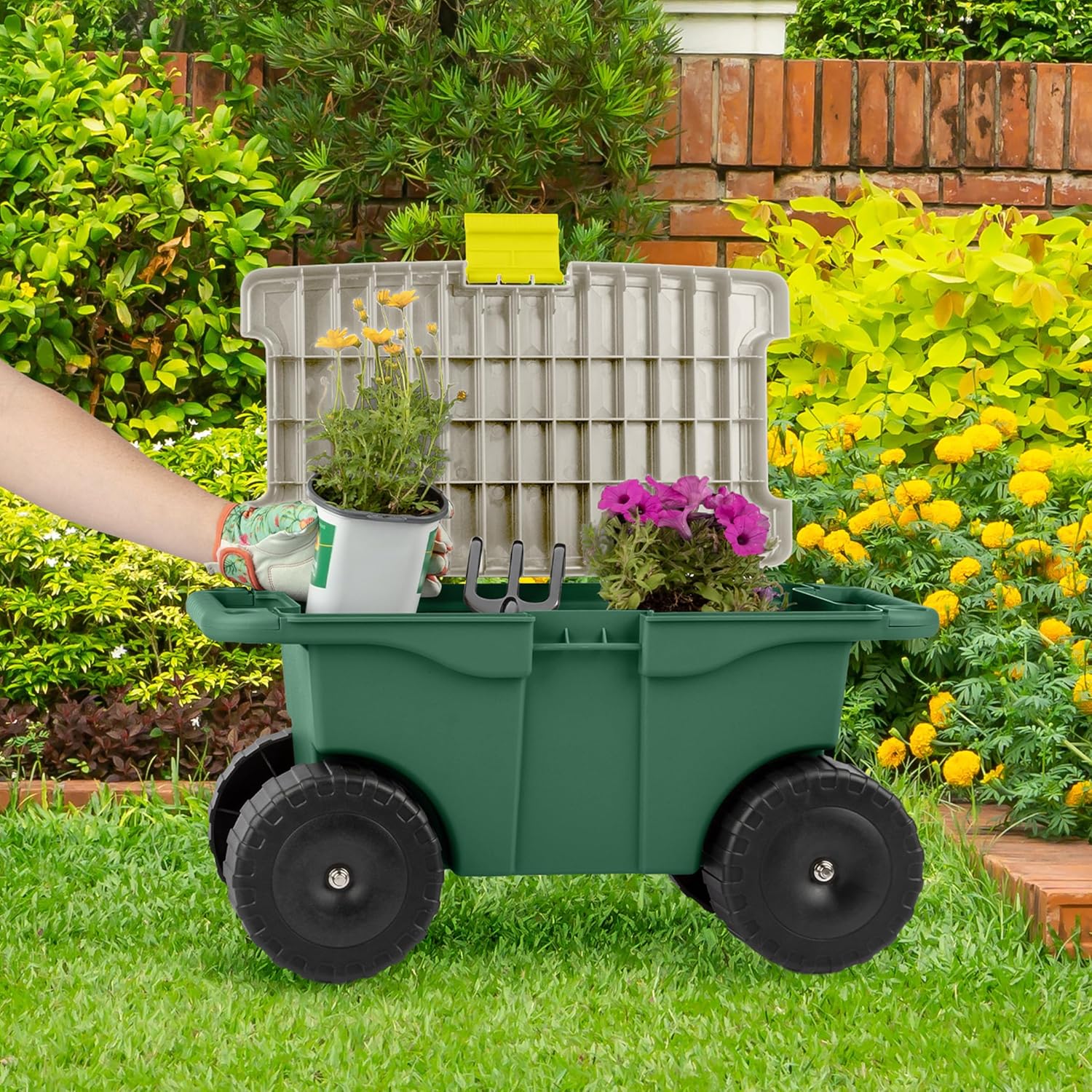 Rolling Garden Cart with Seat - Plastic Storage with Bench and Interior Tool Tray - Gardening Stool for Weeding and Planting By Pure Garden (Green)5