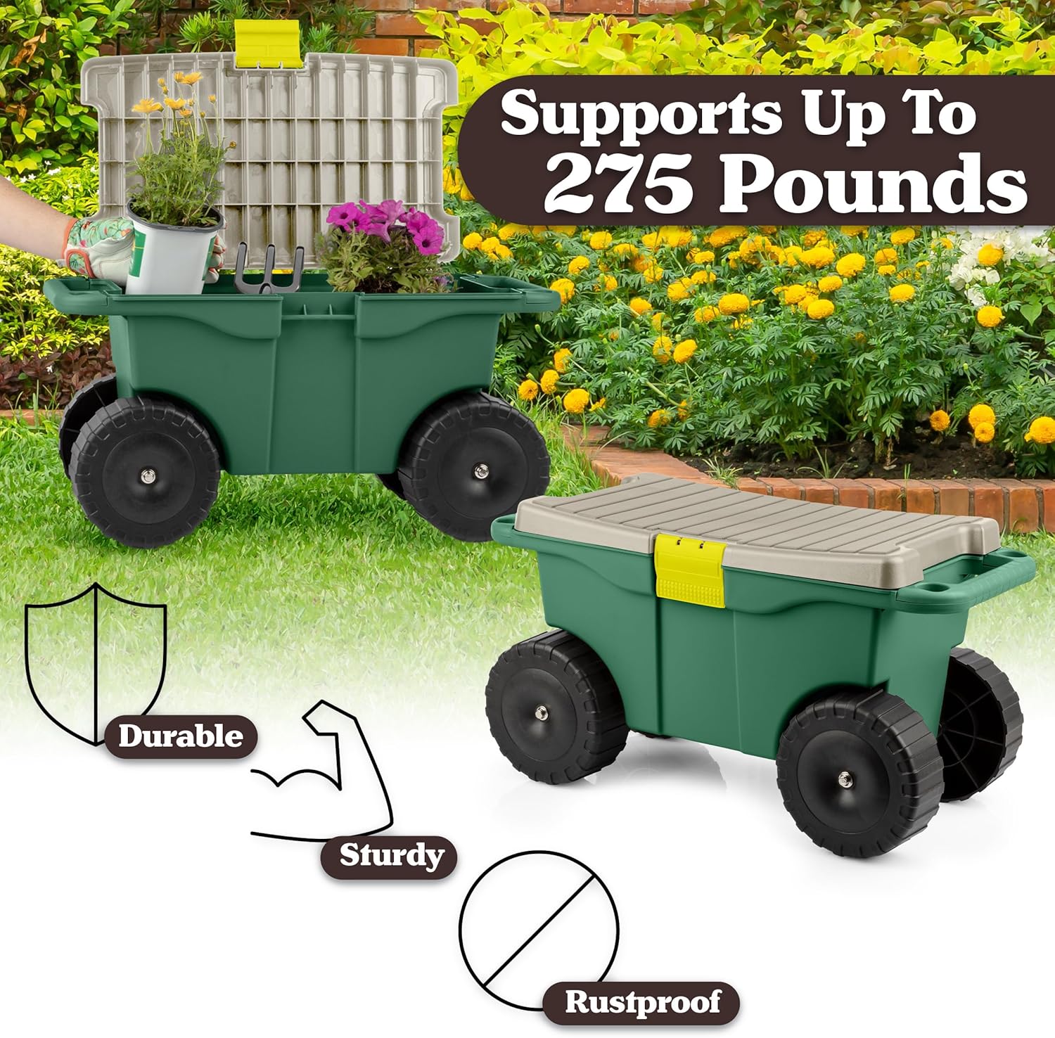 Rolling Garden Cart with Seat - Plastic Storage with Bench and Interior Tool Tray - Gardening Stool for Weeding and Planting By Pure Garden (Green)8