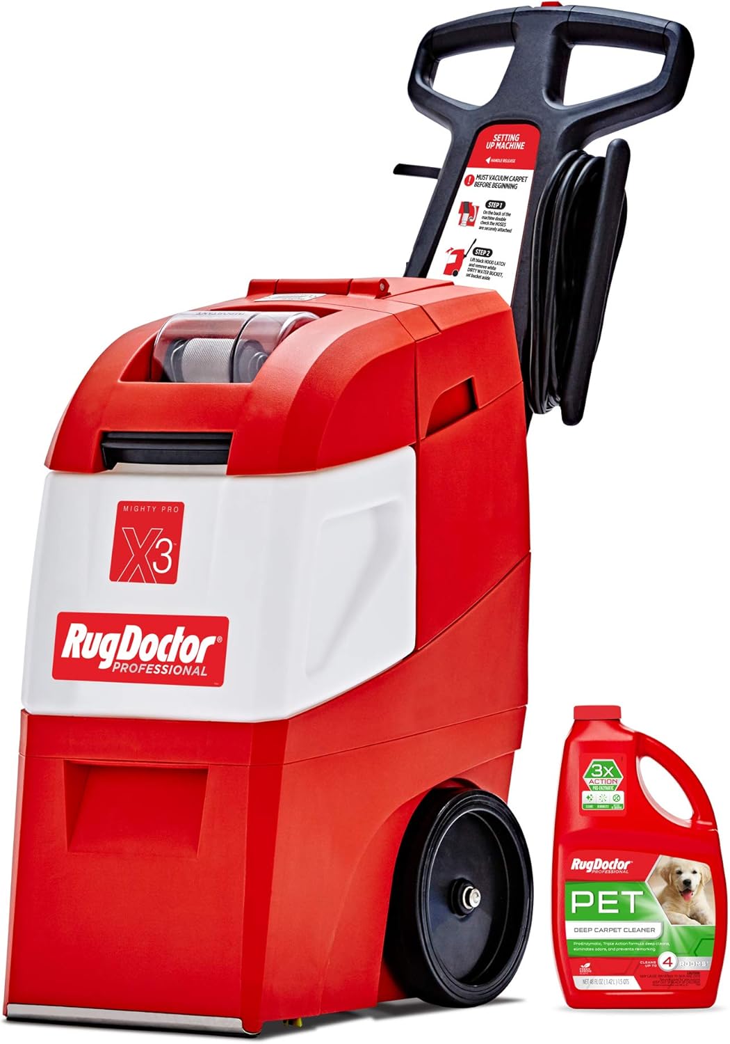 Rug Doctor Mighty Pro X3 Commercial Carpet Cleaner – Large Red Pet Pack, Includes 48 oz. Pet Carpet Cleaner Solution, Commercial Carpet Cleaning Machine, Powerful One Pass Cleaning System Rug Doctor Mighty Pro X3 Commercial Carpet Cleaner – Large Red Pet Pack, Includes 48 oz. Pet Carpet Cleaner Solution, Commercial Carpet Cleaning Machine, Powerful One Pass Cleaning System