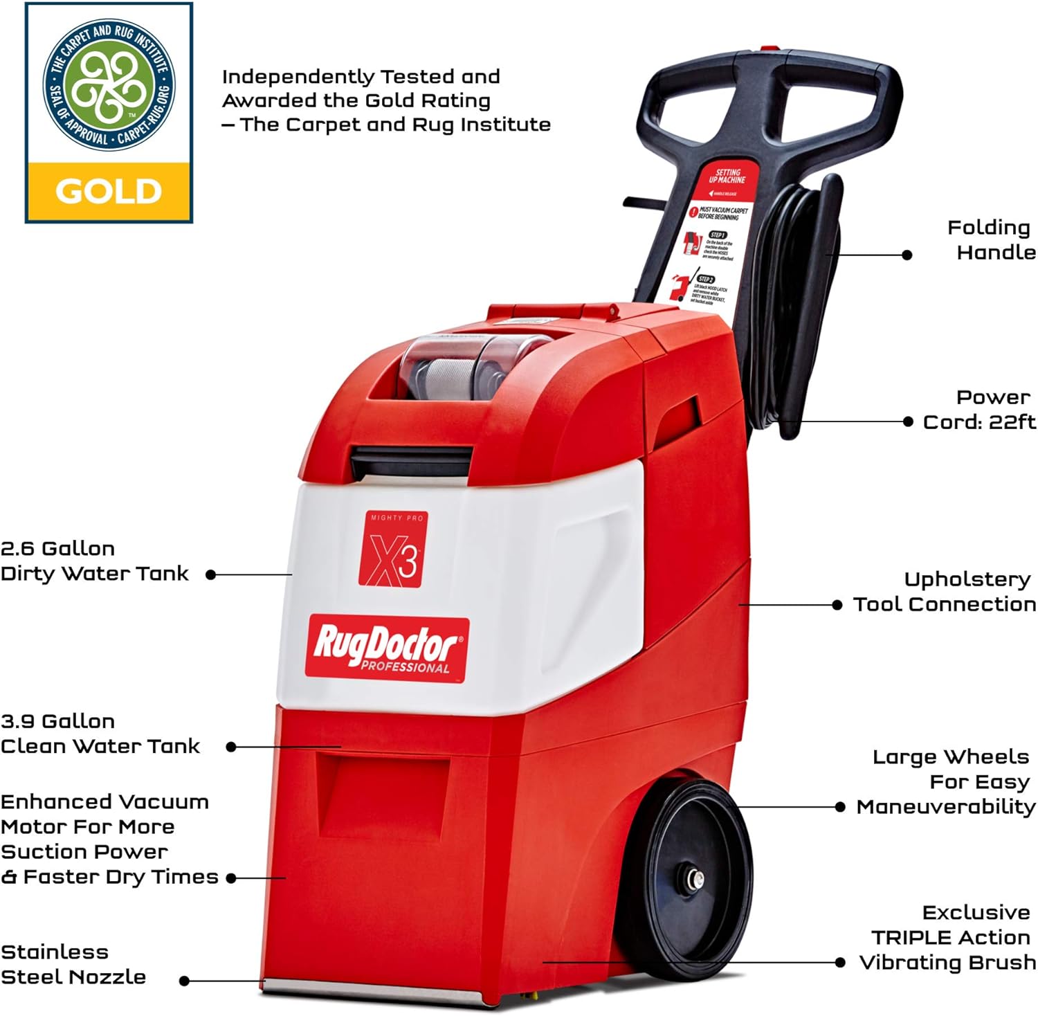 Rug Doctor Mighty Pro X3 Commercial Carpet Cleaner – Large Red Pet Pack, Includes 48 oz. Pet Carpet Cleaner Solution, Commercial Carpet Cleaning Machine, Powerful One Pass Cleaning System1