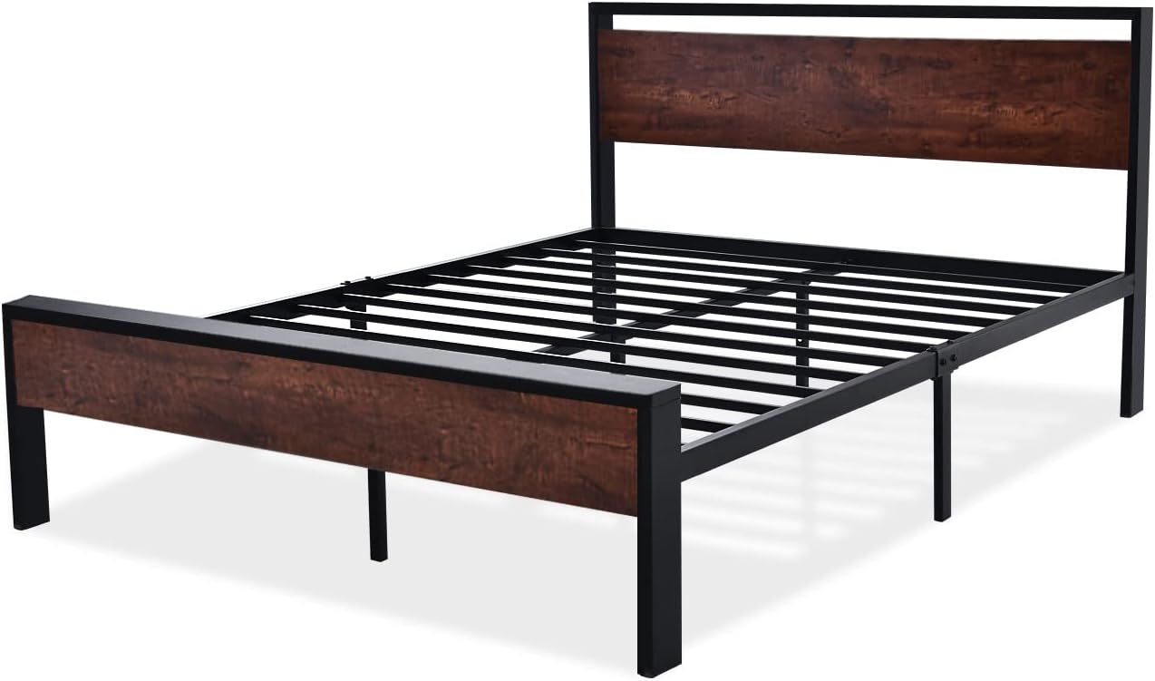 SHA CERLIN 14 Inch Full Size Metal Platform Bed Frame with Wooden Headboard and Footboard, Mattress Foundation, No Box Spring Needed, Large Under Bed Storage, Non-Slip, Mahogany0