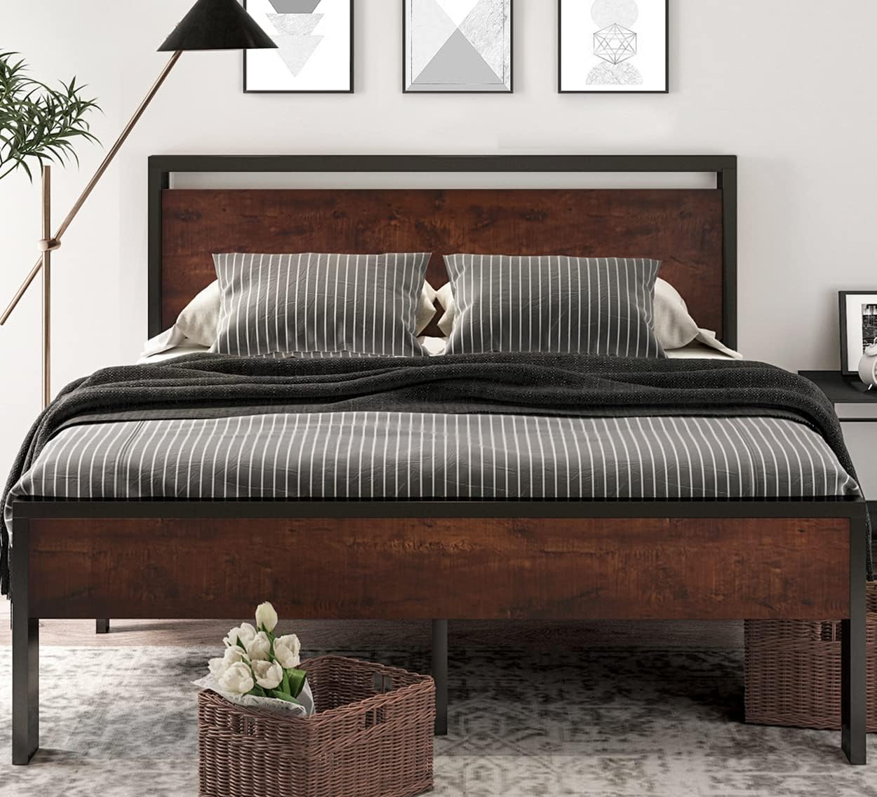SHA CERLIN 14 Inch Full Size Metal Platform Bed Frame with Wooden Headboard and Footboard, Mattress Foundation, No Box Spring Needed, Large Under Bed Storage, Non-Slip, Mahogany3