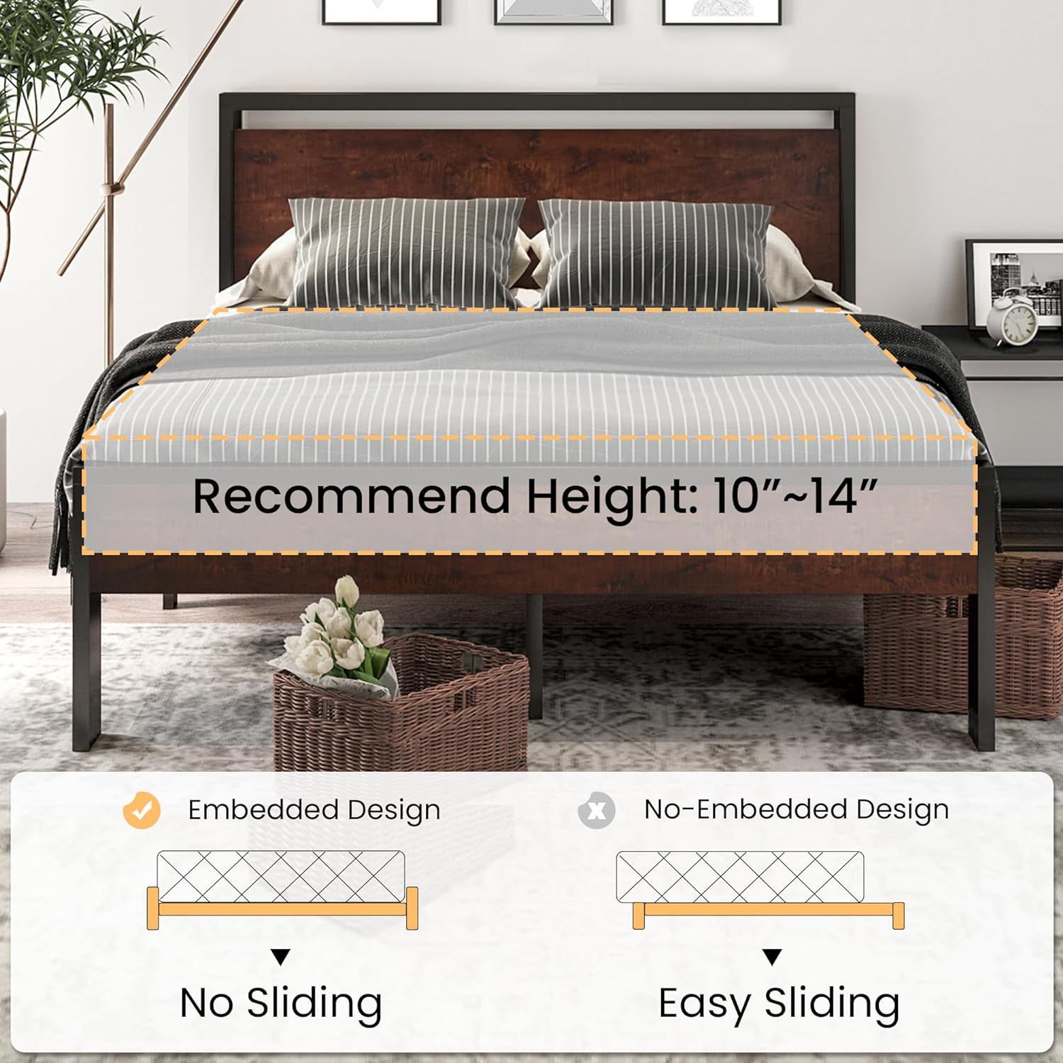 SHA CERLIN 14 Inch Full Size Metal Platform Bed Frame with Wooden Headboard and Footboard, Mattress Foundation, No Box Spring Needed, Large Under Bed Storage, Non-Slip, Mahogany9
