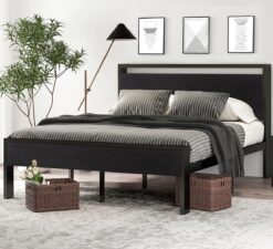 SHA CERLIN 14 Inch Full Size Metal Platform Bed Frame with Wooden Headboard and Footboard, Mattress Foundation, No Box Spring Needed, Large Under Bed Storage, Non-Slip without Noise, Black Oak