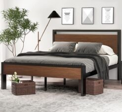 SHA CERLIN 14 Inch Full Size Metal Platform Bed Frame with Wooden Headboard and Footboard, Mattress Foundation, No Box Spring Needed, Large Under Bed Storage, Non-Slip without Noise, Walnut