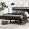 SHA CERLIN 14 Inch Queen Size Metal Platform Bed Frame with Wooden Headboard and Footboard, Mattress Foundation, No Box Spring Needed, Large Under Bed Storage, Non-Slip, Black Oak
