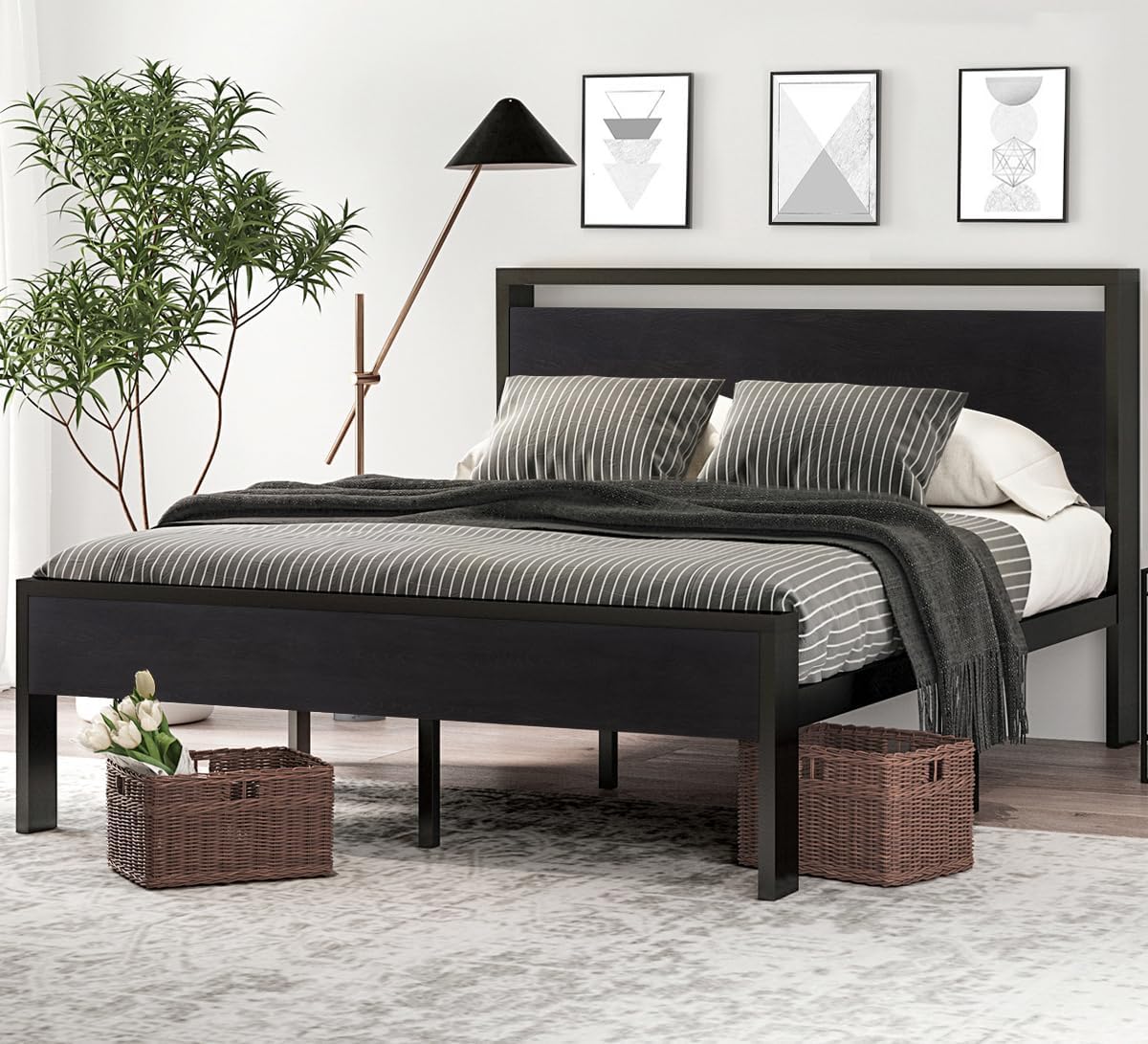 SHA CERLIN 14 Inch Queen Size Metal Platform Bed Frame with Wooden Headboard and Footboard, Mattress Foundation, No Box Spring Needed, Large Under Bed Storage, Non-Slip, Black Oak SHA CERLIN 14 Inch Queen Size Metal Platform Bed Frame with Wooden Headboard and Footboard, Mattress Foundation, No Box Spring Needed, Large Under Bed Storage, Non-Slip, Black Oak