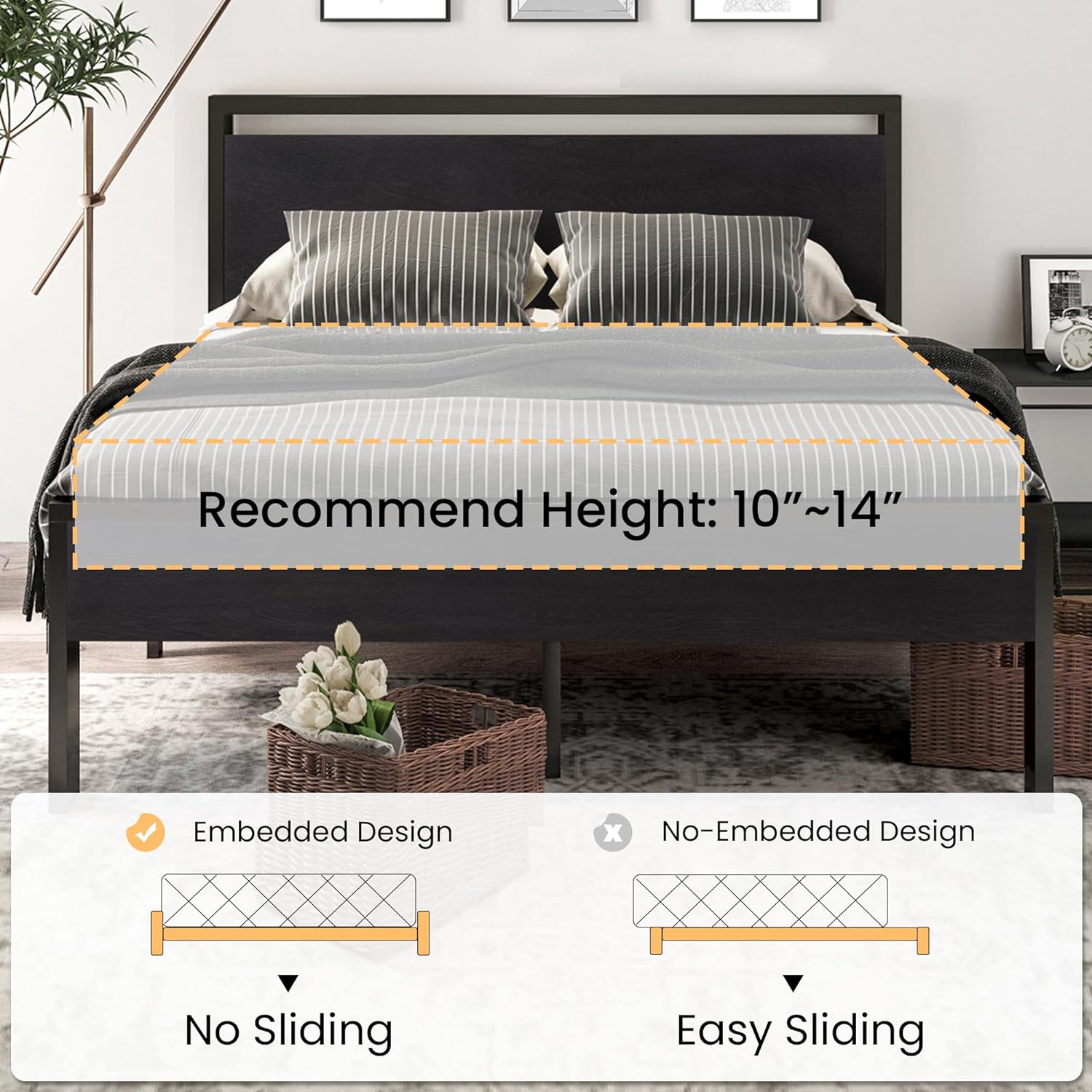 SHA CERLIN 14 Inch Queen Size Metal Platform Bed Frame with Wooden Headboard and Footboard, Mattress Foundation, No Box Spring Needed, Large Under Bed Storage, Non-Slip, Black Oak0