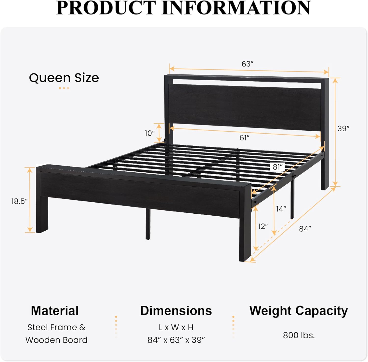 SHA CERLIN 14 Inch Queen Size Metal Platform Bed Frame with Wooden Headboard and Footboard, Mattress Foundation, No Box Spring Needed, Large Under Bed Storage, Non-Slip, Black Oak1