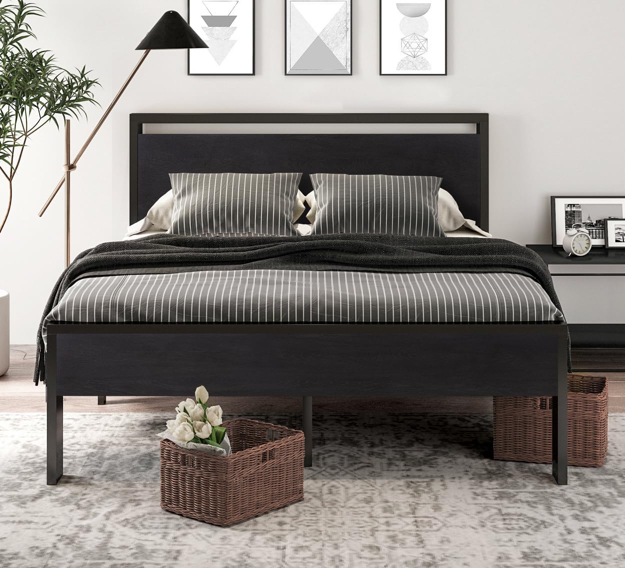 SHA CERLIN 14 Inch Queen Size Metal Platform Bed Frame with Wooden Headboard and Footboard, Mattress Foundation, No Box Spring Needed, Large Under Bed Storage, Non-Slip, Black Oak2