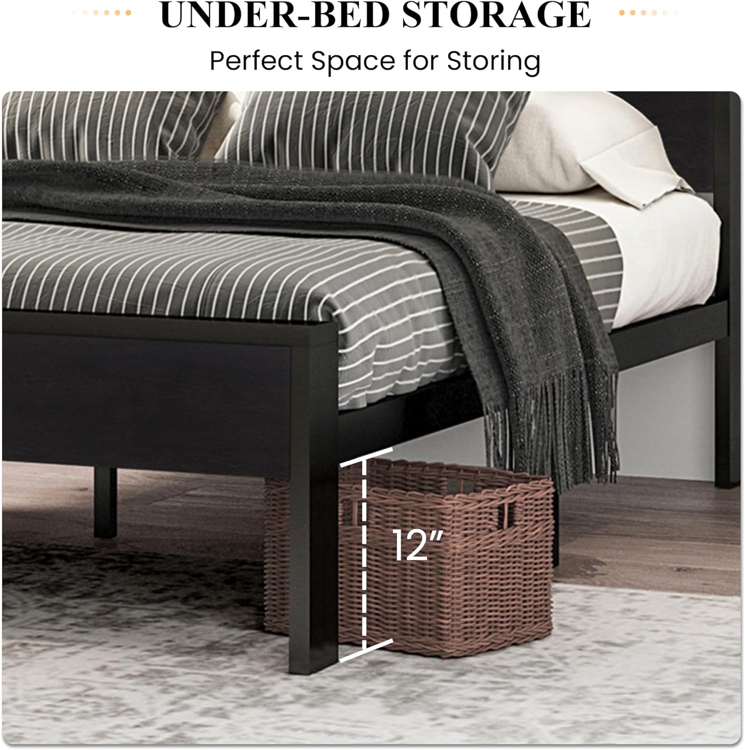 SHA CERLIN 14 Inch Queen Size Metal Platform Bed Frame with Wooden Headboard and Footboard, Mattress Foundation, No Box Spring Needed, Large Under Bed Storage, Non-Slip, Black Oak4