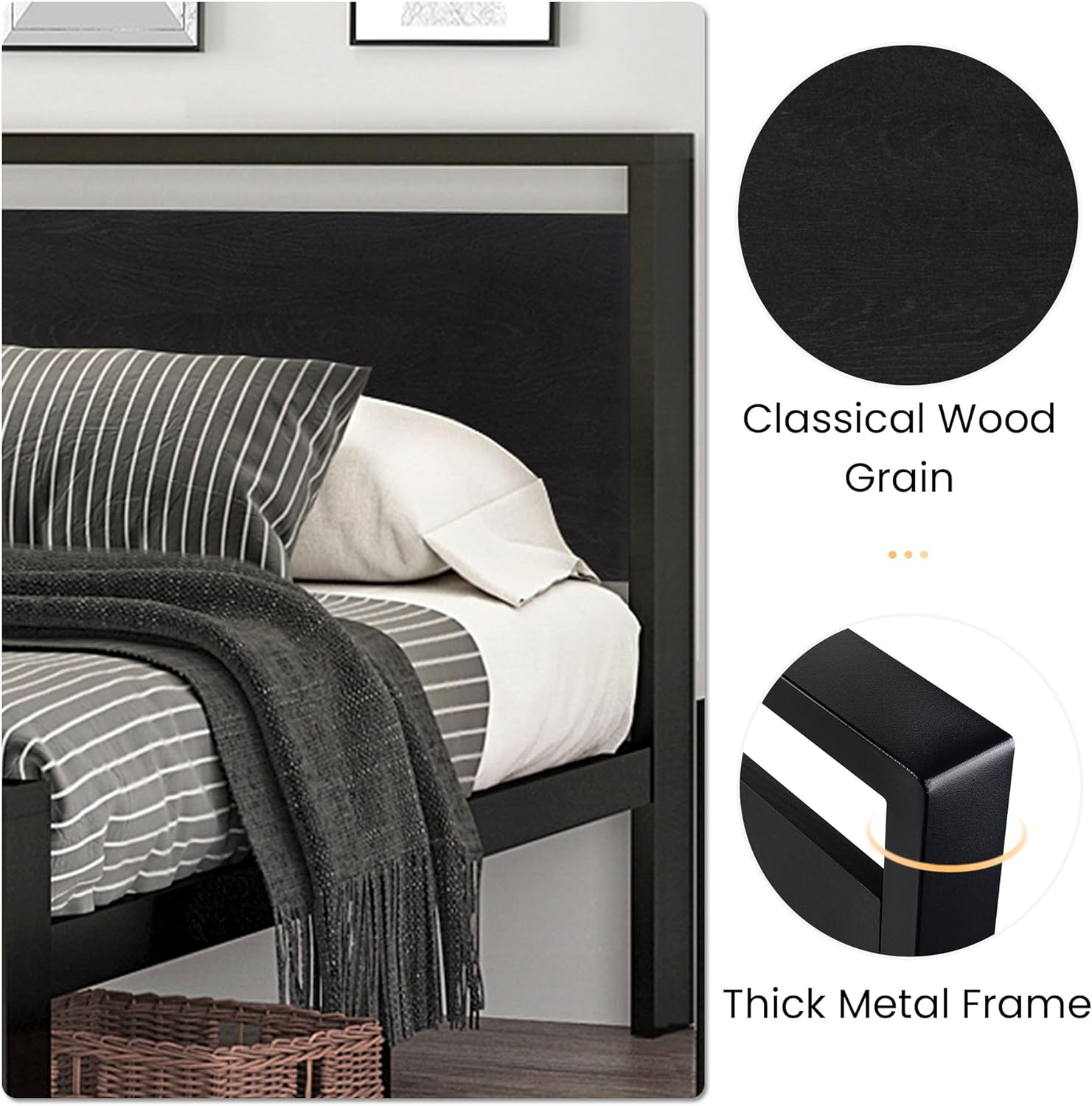 SHA CERLIN 14 Inch Queen Size Metal Platform Bed Frame with Wooden Headboard and Footboard, Mattress Foundation, No Box Spring Needed, Large Under Bed Storage, Non-Slip, Black Oak8