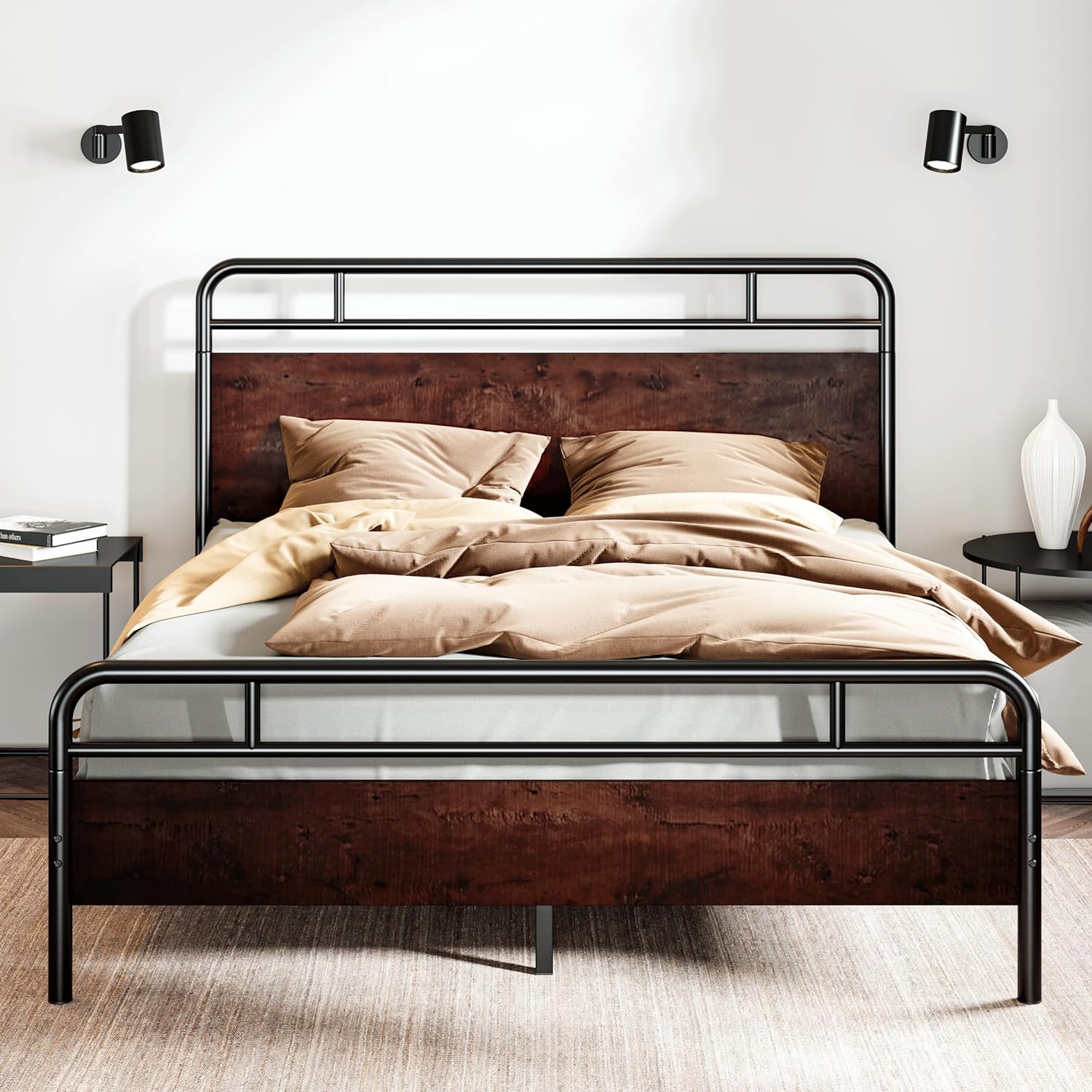 SHA CERLIN Queen Size Bed Frame with Wooden Headboard and Footboard, Rounded Corner Metal Frame, Heavy Duty Platform Bed with Under Bed Storage, No Box Spring Needed, Mahogany SHA CERLIN Queen Size Bed Frame with Wooden Headboard and Footboard, Rounded Corner Metal Frame, Heavy Duty Platform Bed with Under Bed Storage, No Box Spring Needed, Mahogany