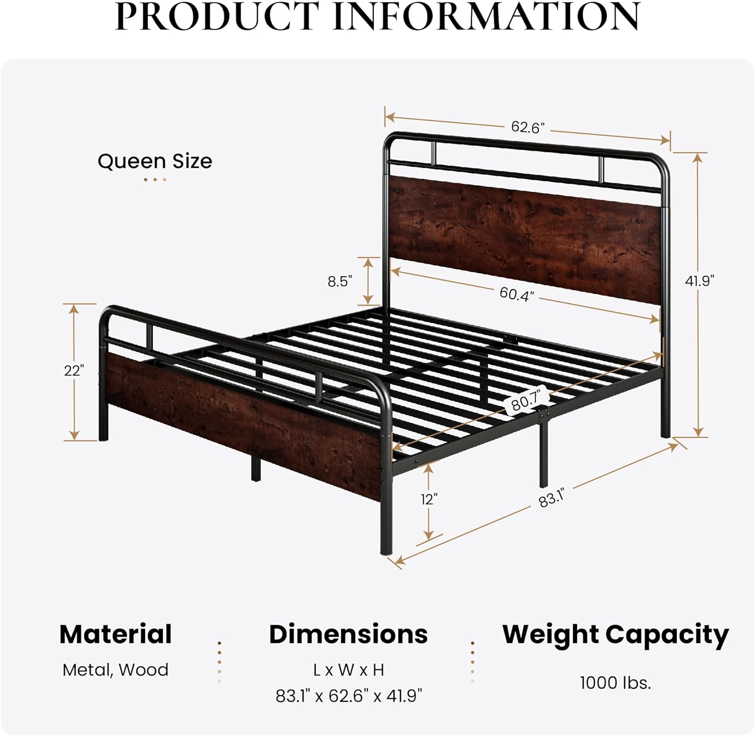SHA CERLIN Queen Size Bed Frame with Wooden Headboard and Footboard, Rounded Corner Metal Frame, Heavy Duty Platform Bed with Under Bed Storage, No Box Spring Needed, Mahogany1