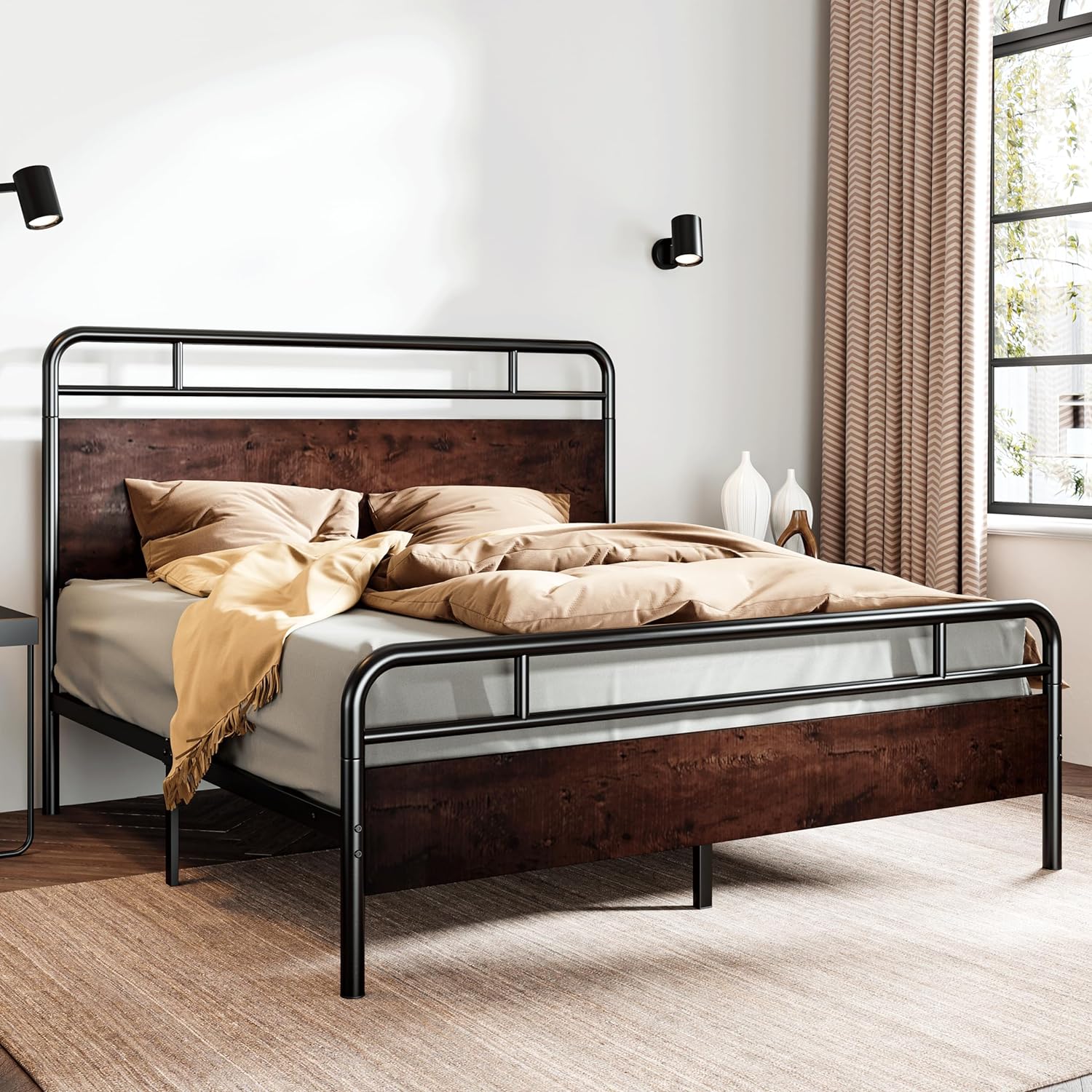 SHA CERLIN Queen Size Bed Frame with Wooden Headboard and Footboard, Rounded Corner Metal Frame, Heavy Duty Platform Bed with Under Bed Storage, No Box Spring Needed, Mahogany3