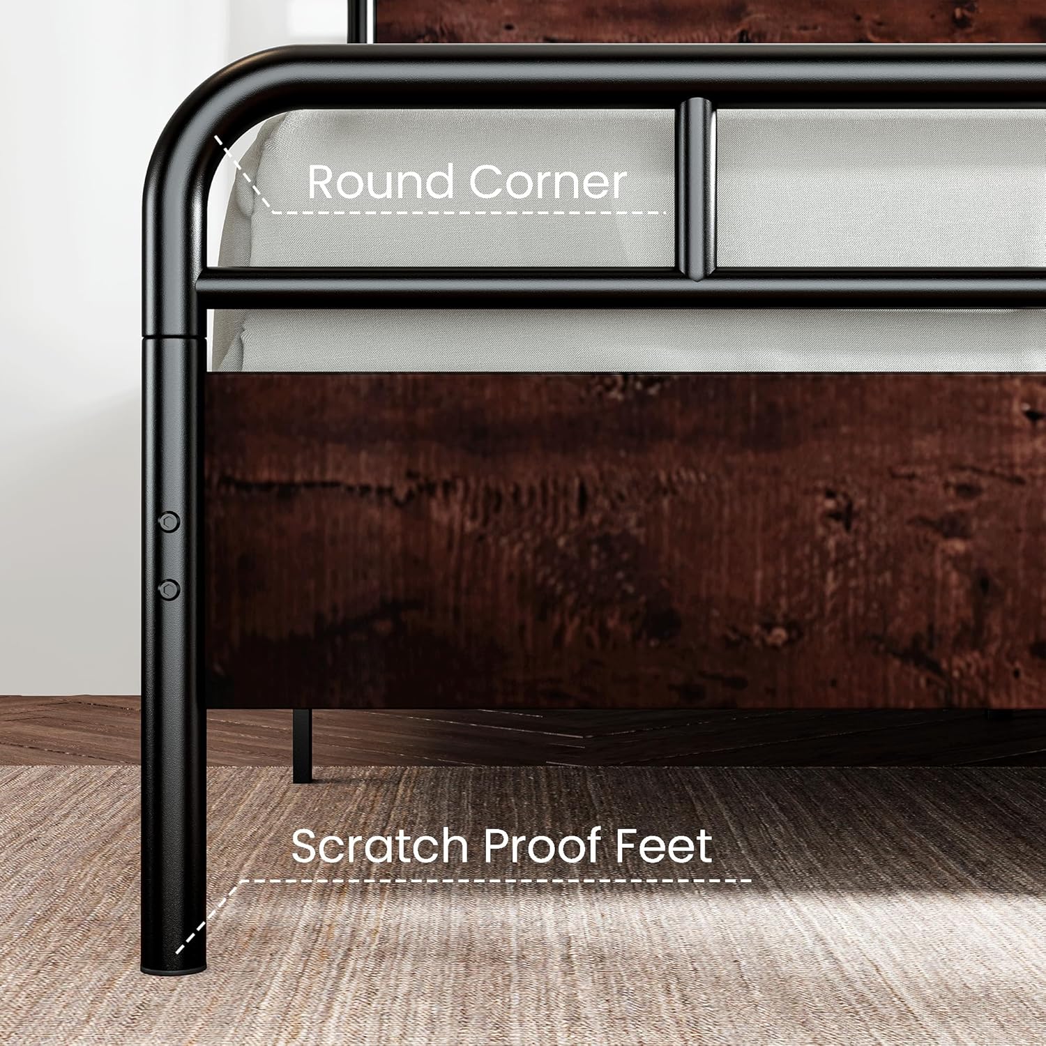 SHA CERLIN Queen Size Bed Frame with Wooden Headboard and Footboard, Rounded Corner Metal Frame, Heavy Duty Platform Bed with Under Bed Storage, No Box Spring Needed, Mahogany5