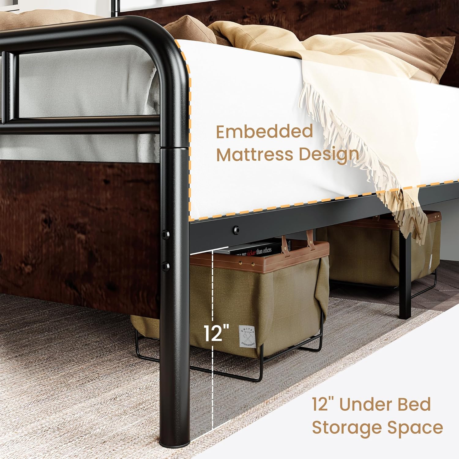 SHA CERLIN Queen Size Bed Frame with Wooden Headboard and Footboard, Rounded Corner Metal Frame, Heavy Duty Platform Bed with Under Bed Storage, No Box Spring Needed, Mahogany6