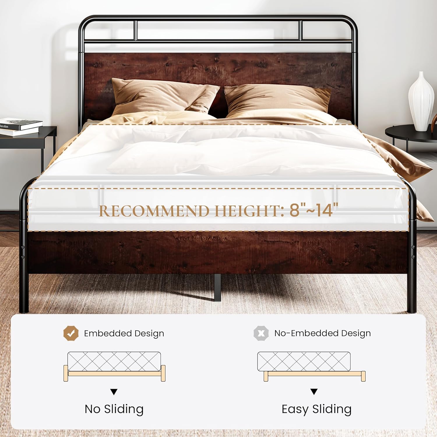 SHA CERLIN Queen Size Bed Frame with Wooden Headboard and Footboard, Rounded Corner Metal Frame, Heavy Duty Platform Bed with Under Bed Storage, No Box Spring Needed, Mahogany9