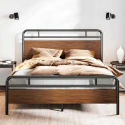 SHA CERLIN King Size Bed Frame with Wooden Headboard and Footboard, Rounded Corner Metal Frame, Heavy Duty Platform Bed with Under Bed Storage, No Box Spring Needed, Walnut