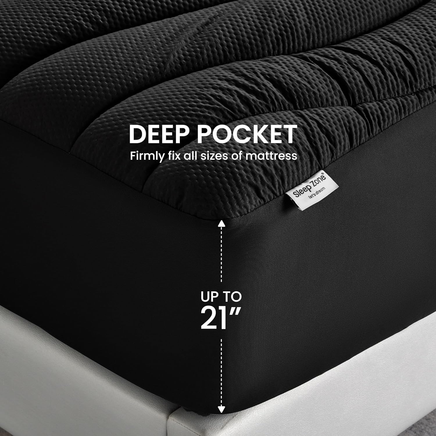 SLEEP ZONE Cooling Mattress Topper California King, Premium Zoned Cool Mattress Pad Cover, Padded Mattress Protector Breathable Washable, Deep Pocket 8-21 (Black, Cal King)7