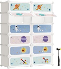 SONGMICS Kids' Shoe Rack with Doors, 12-Slot Stackable Storage Organizer, Plastic Wardrobe, Toys, Books, Clothes, 12.2 x 31.9 x 41.7 Inches, Cloud White ULPC907W01