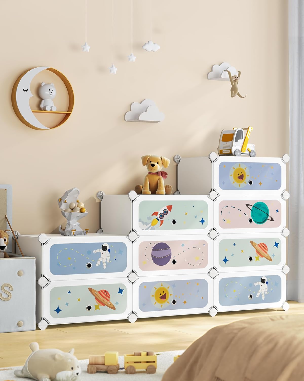 SONGMICS Kids' Shoe Rack with Doors, 12-Slot Stackable Storage Organizer, Plastic Wardrobe, Toys, Books, Clothes, 12.2 x 31.9 x 41.7 Inches, Cloud White ULPC907W011