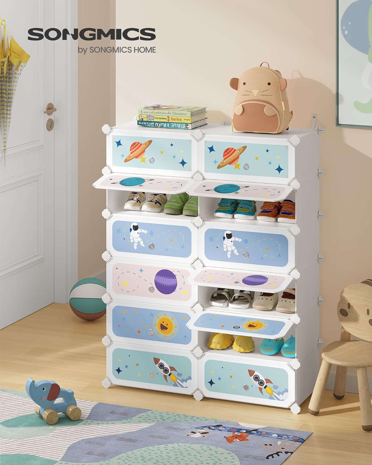 SONGMICS Kids' Shoe Rack with Doors, 12-Slot Stackable Storage Organizer, Plastic Wardrobe, Toys, Books, Clothes, 12.2 x 31.9 x 41.7 Inches, Cloud White ULPC907W015