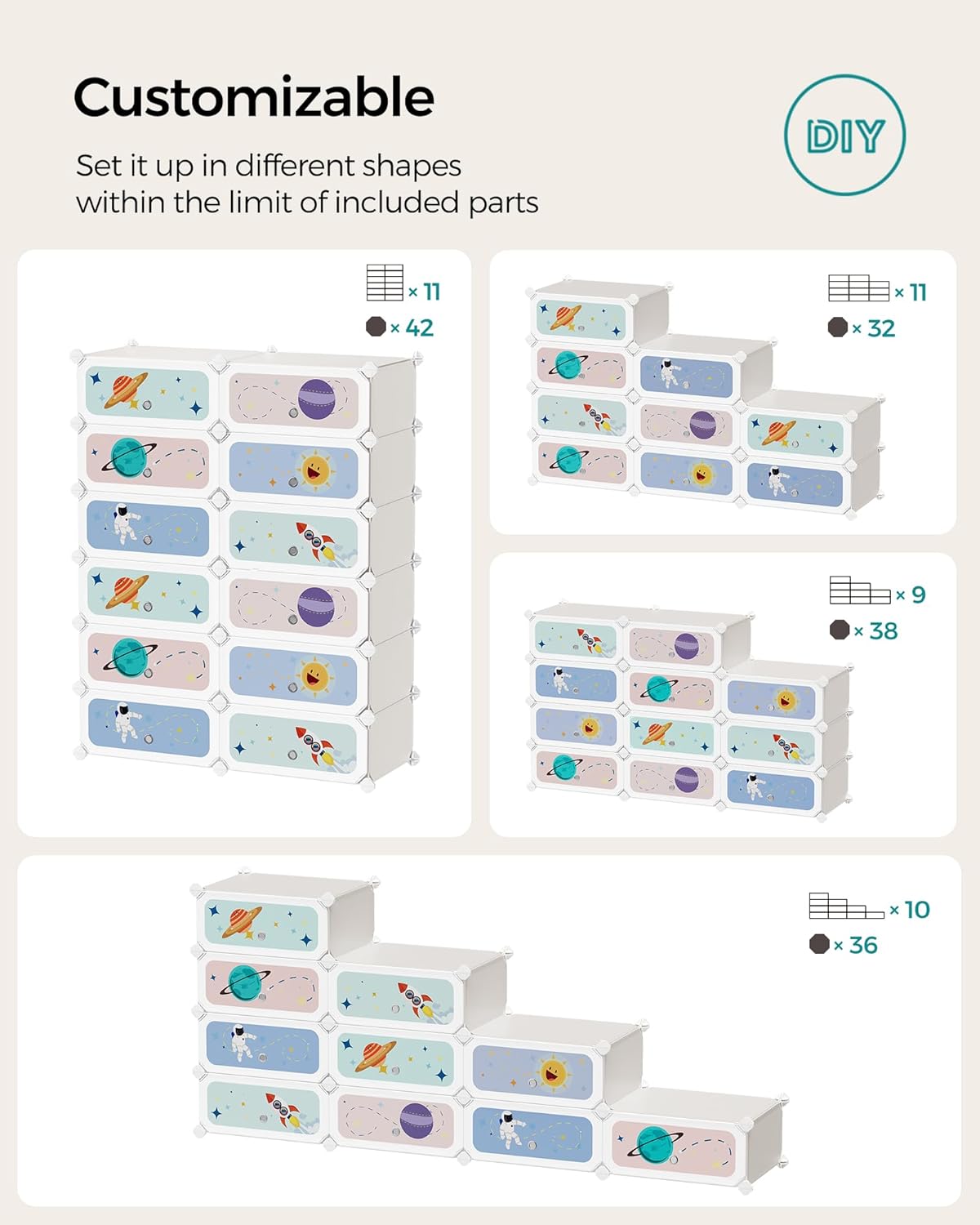 SONGMICS Kids' Shoe Rack with Doors, 12-Slot Stackable Storage Organizer, Plastic Wardrobe, Toys, Books, Clothes, 12.2 x 31.9 x 41.7 Inches, Cloud White ULPC907W016