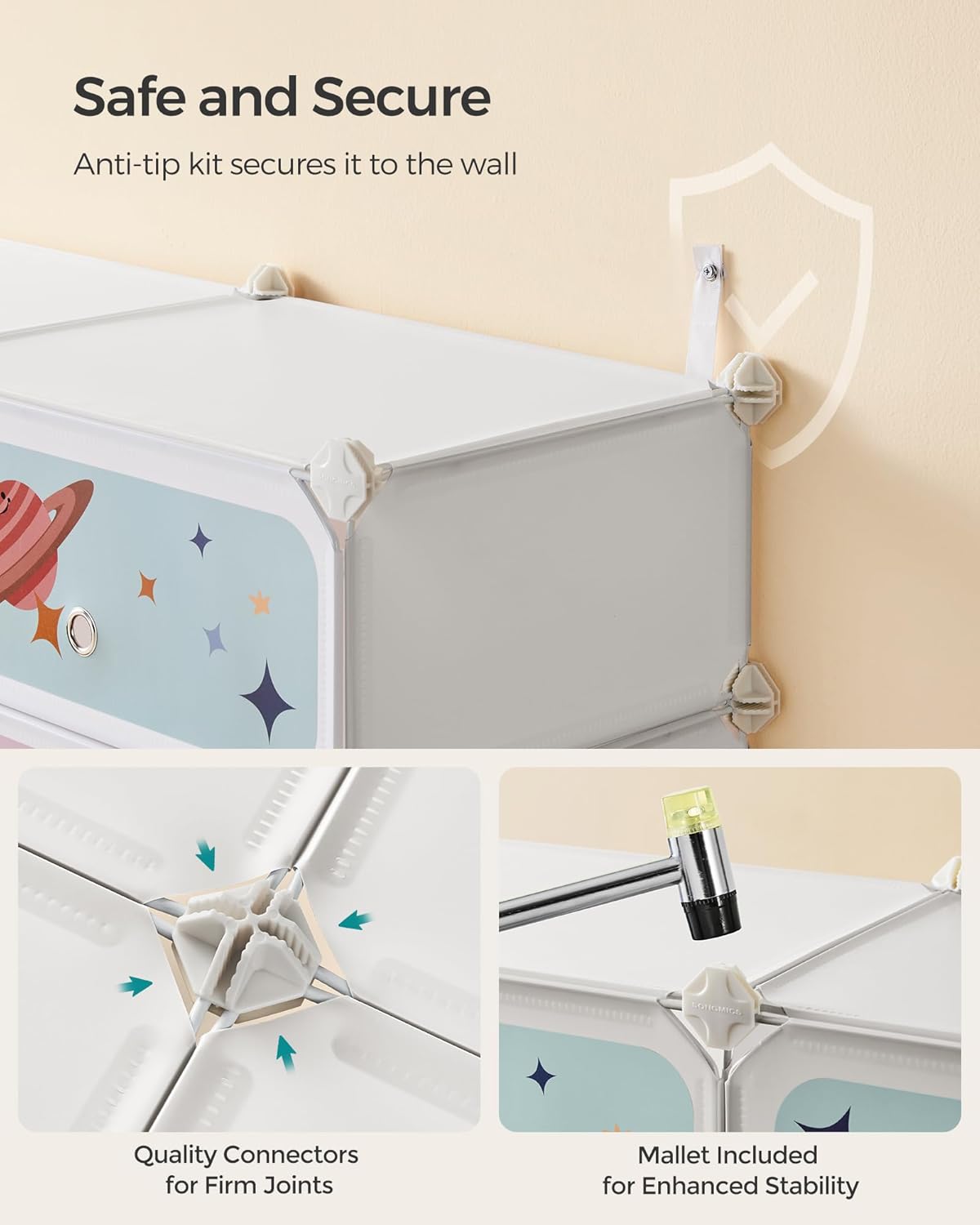 SONGMICS Kids' Shoe Rack with Doors, 12-Slot Stackable Storage Organizer, Plastic Wardrobe, Toys, Books, Clothes, 12.2 x 31.9 x 41.7 Inches, Cloud White ULPC907W017