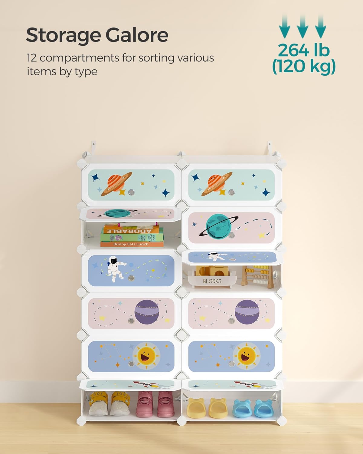 SONGMICS Kids' Shoe Rack with Doors, 12-Slot Stackable Storage Organizer, Plastic Wardrobe, Toys, Books, Clothes, 12.2 x 31.9 x 41.7 Inches, Cloud White ULPC907W019