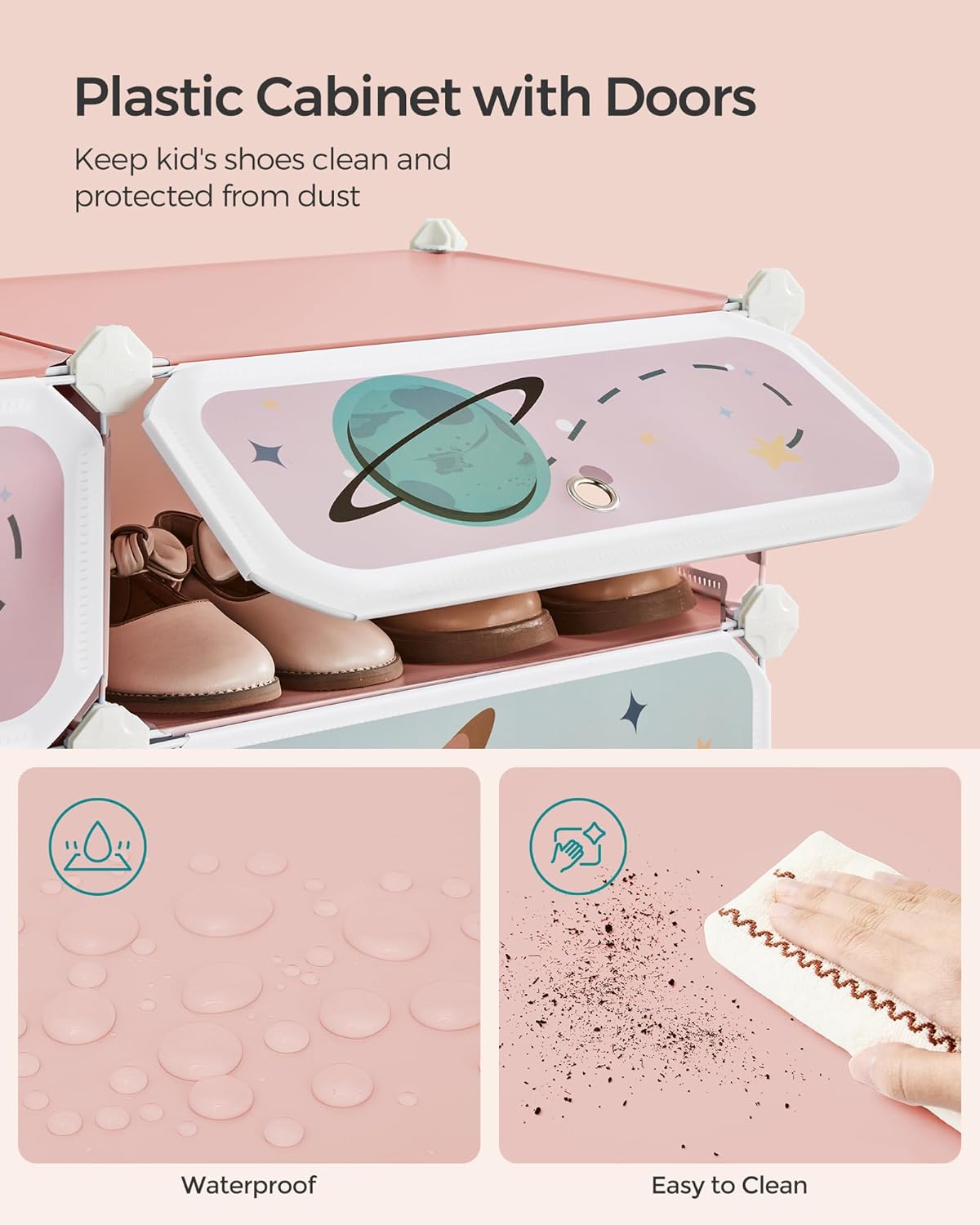 SONGMICS Kids' Shoe Rack with Doors, 12-Slot Stackable Storage Organizer, Plastic Wardrobe, Toys, Books, Clothes, 12.2 x 31.9 x 41.7 Inches, Jelly Pink ULPC907R0109