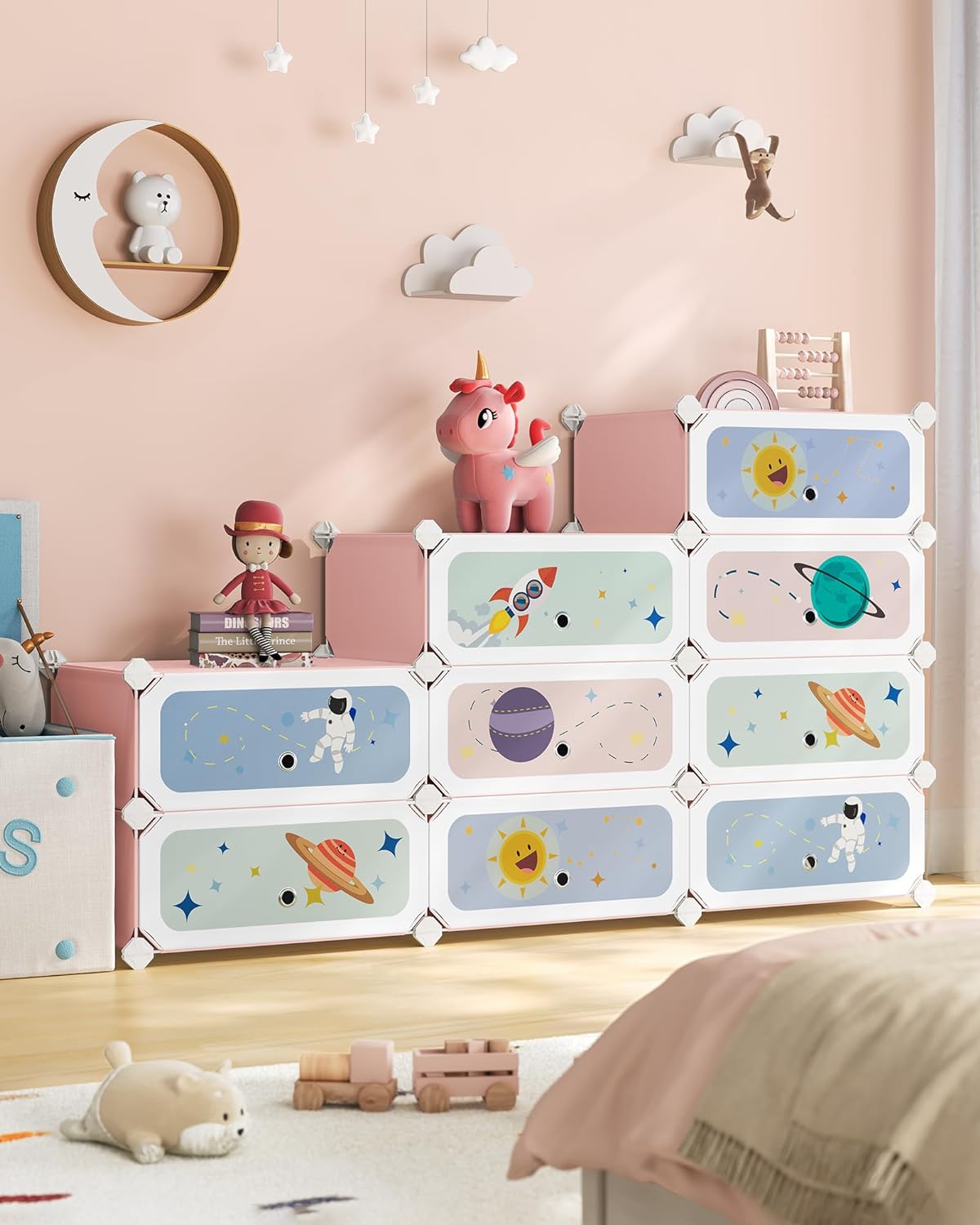 SONGMICS Kids' Shoe Rack with Doors, 12-Slot Stackable Storage Organizer, Plastic Wardrobe, Toys, Books, Clothes, 12.2 x 31.9 x 41.7 Inches, Jelly Pink ULPC907R011