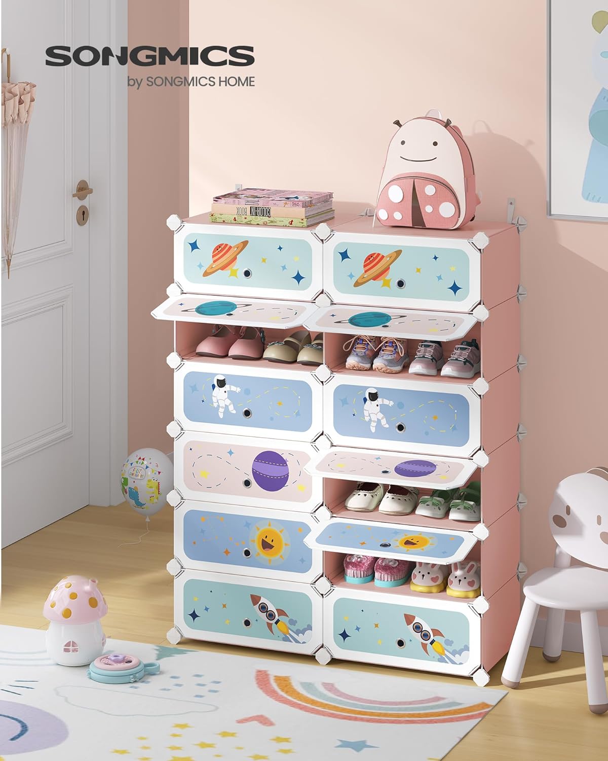 SONGMICS Kids' Shoe Rack with Doors, 12-Slot Stackable Storage Organizer, Plastic Wardrobe, Toys, Books, Clothes, 12.2 x 31.9 x 41.7 Inches, Jelly Pink ULPC907R014